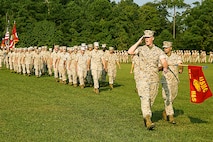 Members of the 2nd Transportation Support Battalion, Combat Logistics Regiment 2, 2nd Marine Logistics Group, march in review during the unit’s activation ceremony aboard Marine Corps Base Camp Lejeune, Oct. 2, 2014. The mission of the 2nd TSB is to provide transportation and support for the II Marine Expeditionary Force in order to facilitate the distribution of personnel, equipment and supplies by air, land and sea. (Marine Corps photo by Lance Cpl. Michelle M. Reif /Released)