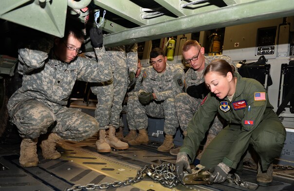 ALTUS AIR FORCE BASE, Okla. – U.S. Air Force Staff Sgt. Laura Bourdlais, 58th Airlift Squadron instructor loadmaster, teaches a group of soldiers from the 4th Battalion, 3rd Air Defense Artillery Regiment, 31st Air Defense Artillery Brigade, Fort Sill, Okla., how to properly restrain a vehicle inside a C-17 Globemaster III cargo aircraft, Oct. 2, 2014. Roughly 100 Soldiers from Fort Sill visited Altus AFB to get hands-on rapid deployment training. (U.S. Air Force photo by Airman 1st Class Megan E. Acs/Released)
