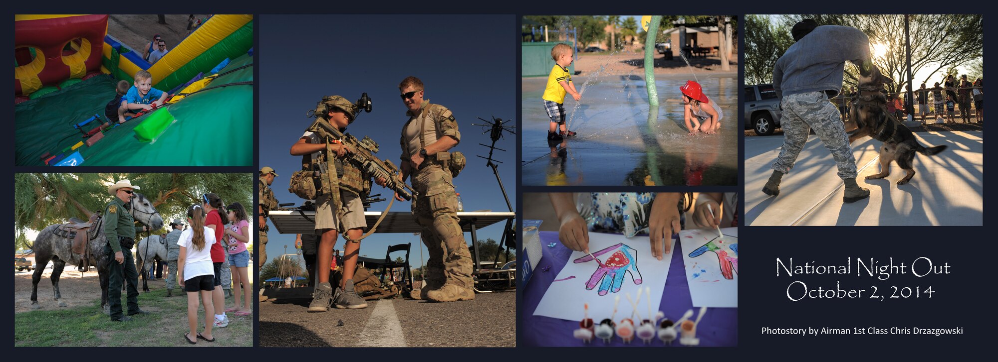 The annual National Night Out event was held at Ironwood Park at Davis-Monthan Air Force Base, Ariz., Oct. 2, 2014. The NNO is designed to heighten crime and drug prevention awareness as well as strengthen neighborhood spirit and community partnerships. (U.S. Air Force illustration by Airman 1st Class Chris Drzazgowski/Released)