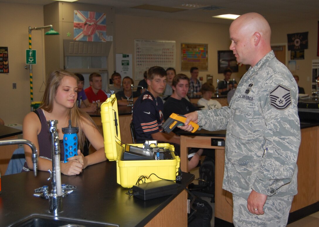 Master Sgt. Jared Hiles, emergency manager, 140th Wing, demonstrates how the equipment he uses for his job is based on the principles the high school students are learning about in chemistry class at Rock Canyon High School Sept. 23. Their science teacher, Mr. Bart Blumberg, is also a Traditional Guardsmen and Staff Sergeant in the 140th Maintenance Squadron. (Air National Guard Photo by Capt. Kinder Blacke) 