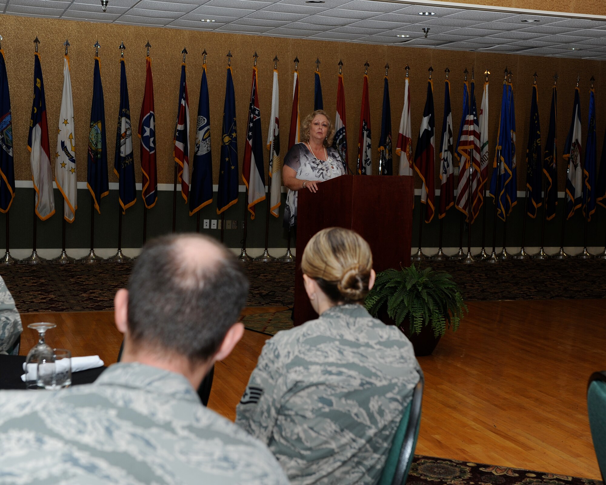 Linda Steinhauser, Greater Mississippi Combined Federal Campaign Director, speaks during the CFC luncheon Sept. 30 at the Columbus Club. Since 1961, the CFC has provided a consolidated fund raising effort for federal agencies to give to over 20,000 charities worldwide. (U.S. Air Force photo/Elizabeth Owens)