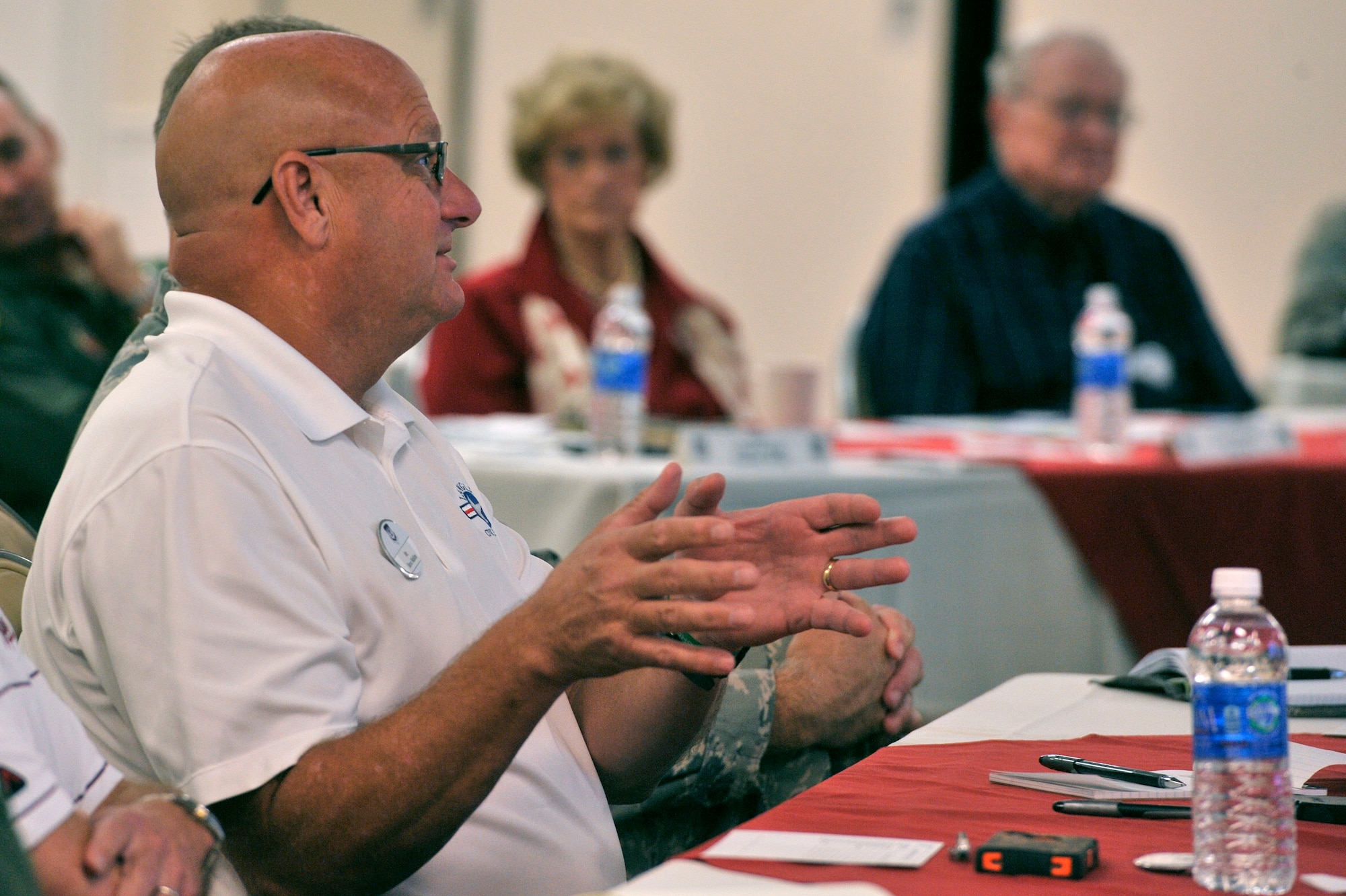 Steve Mallon, Langley Civic Leaders Association president, asks a question during a Ninth Air Force Civic Leader Forum at Shaw Air Force Base, S.C., Sept. 30, 2014. The forum gave civic leaders from communities near Ninth Air Force installations the opportunity to discuss and collaborate on issues such as how to best support their local bases. (U.S. Air Force photo by Airman 1st Class Jonathan Bass/Released)