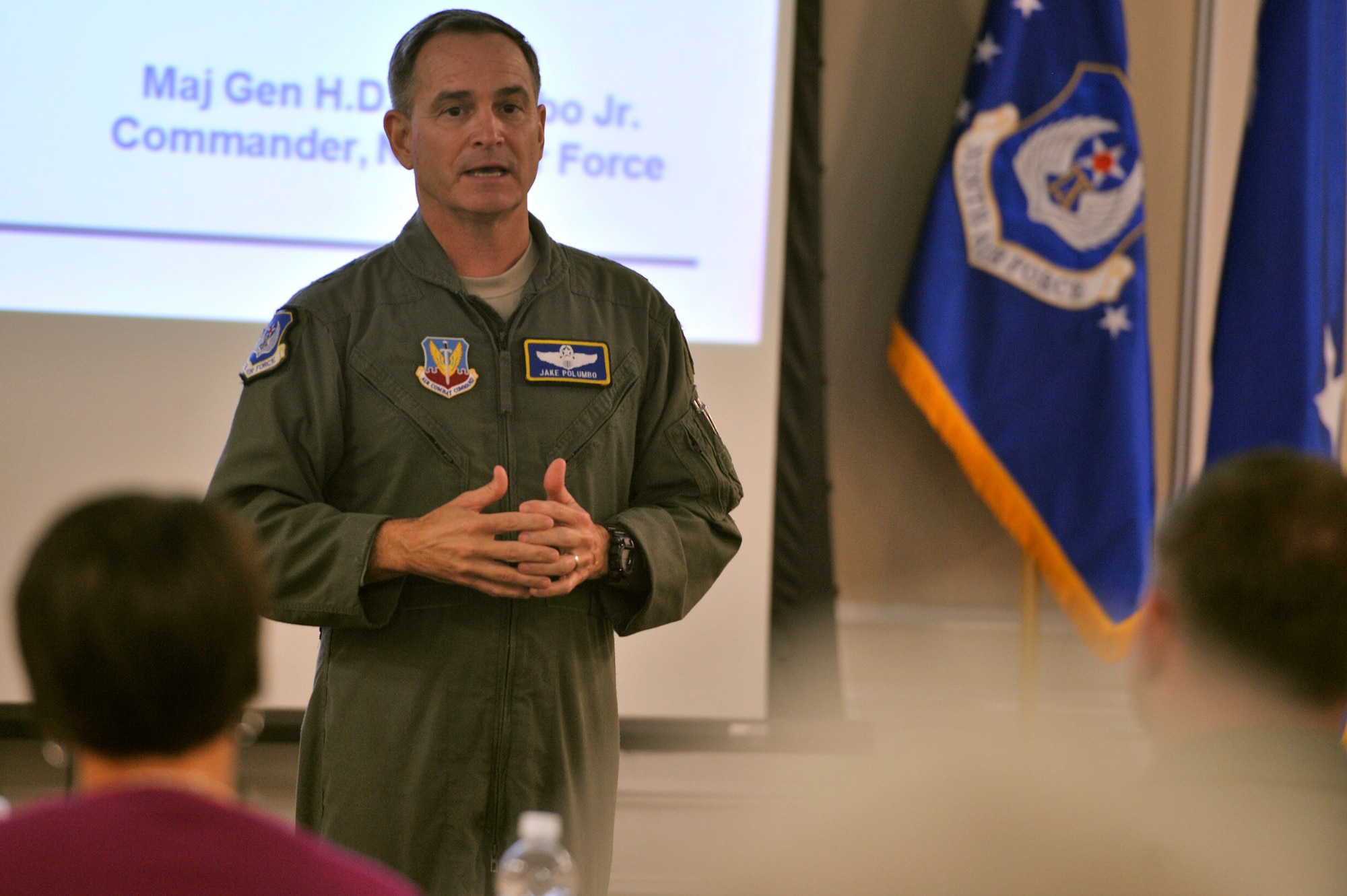 140930-F-CX352-029: U.S. Air Force Maj. Gen. H.D. Polumbo Jr., Ninth Air Force commander, speaks to attendees of a Ninth Air Force Civic Leader Forum at Shaw Air Force Base, S.C., Sept. 30, 2014. Polumbo outlined the mission, organization and importance of Ninth Air Force and thanked the civic leaders for their support. (U.S. Air Force photo by Airman 1st Class Jonathan Bass/Released)