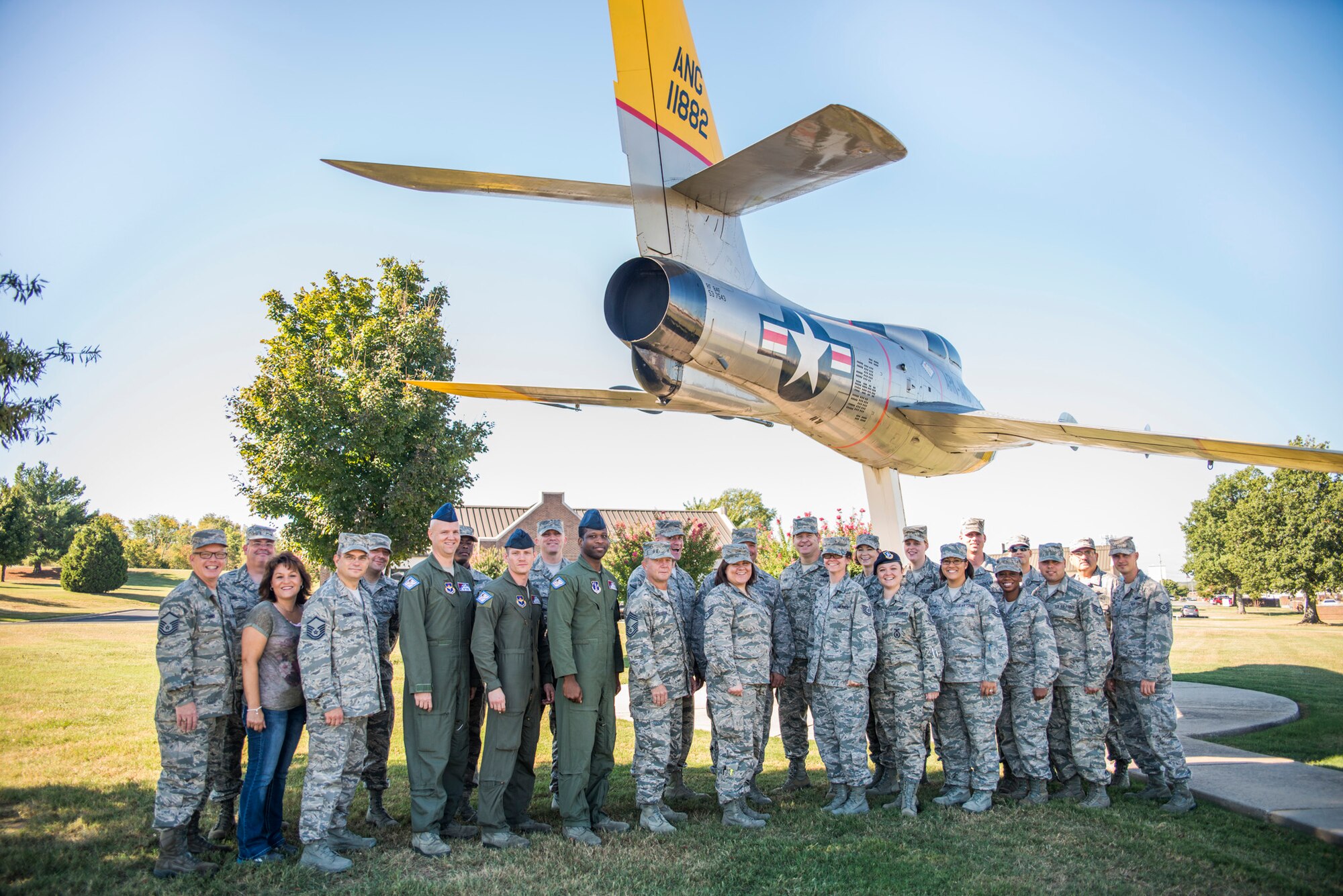 LITTLE ROCK AIR FORCE BASE, Ark. - Instructors and students take a group photo  Sept. 24, 2014 here during an Instructor Certification Program course. Instructors Tammie Smeltzer, Master Sgt. Bill Conner and Master Sgt. Clifton Boswell traveled from the I.G. Brown Training and Education Center, McGhee Tyson Air National Guard Base in Tennessee to teach the two-week course, which is a requirement prior to teaching satellite education or professional military education. (U.S. Air National Guard photo by Senior Airman Ian Caple/Released)