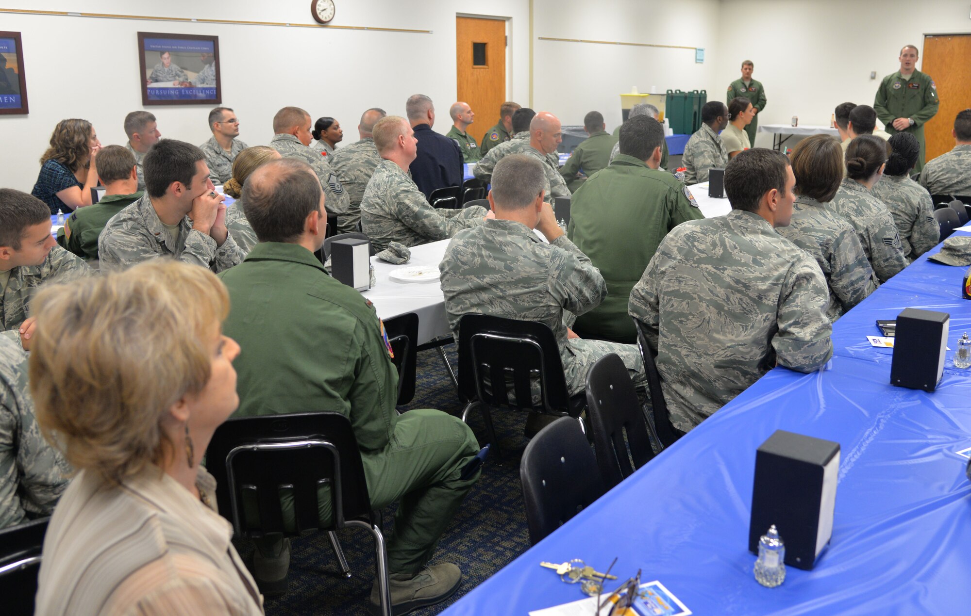 VANCE AIR FORCE BASE, Okla. – Members of Team Vance listen to guest speakers thanking them for donating during the Combined Federal Campaign kick-off breakfast in the Community Chapel Activities Center Sept. 30. This year’s campaign started Sept. 29 and will continue until Nov. 7.  Team Vance’s goal is to raise $97,675.41. (U.S. Air Force photo/Senior Airman Frank Casciotta)
