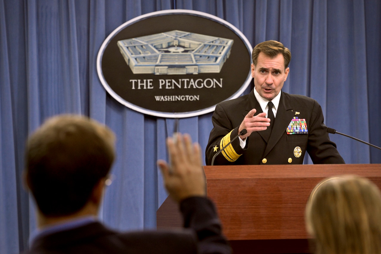 Pentagon Press Secretary Navy Rear Adm. John Kirby describes the latest Defense Department efforts to help contain the Ebola crisis during a press briefing at the Pentagon, Oct. 3, 2014 DoD photo by Glenn Fawcett