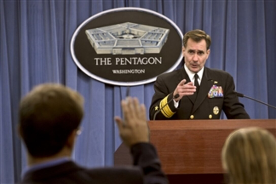 Pentagon Press Secretary Rear Adm. John Kirby describes the latest Defense Department developments in the fight against the Islamic State group in Iraq and Syria, and deployments to Africa to help contain the Ebola crisis during a press briefing at the Pentagon, Oct. 3, 2014.