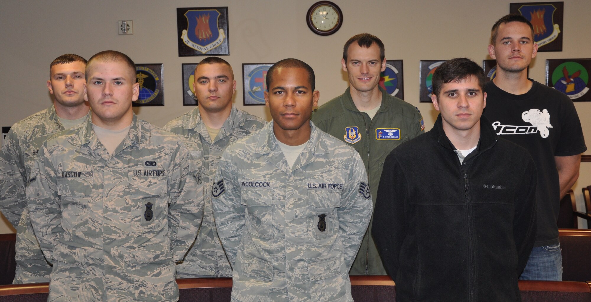 The 931st Air Refueling Group welcomed new members during the unit training assembly, Oct. 4. Front row (left to right) Airman Nicholas Glasgow, Staff Sgt. Marlon Woolcock, Staff Sgt. Andreas Duvall. Back row (Airman Tanner Shelby, Senior Airman Stephan Roat, Capt. Timothy Moore and Senior Airman Ryan Haught. (Air Force photo by Master Sgt. Brannen Parrish)