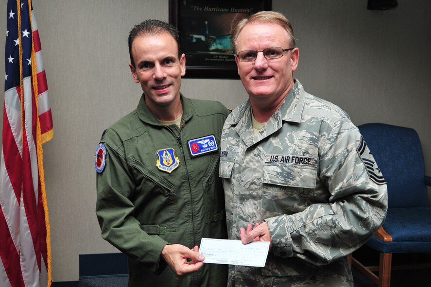 Lt. Col. Matthew Muha, 53rd Weather Reconnaissance Squadron commander, presents a Swan 38 Memorial Scholarship check to Senior Master Sgt. Joey York, 41st Aerial Port Squadron first sergeant, whose son, Michael, was selected for the $1,000 award. The annual award is designed to acknowledge outstanding students in the 403rd Wing, or dependents of 403rd Wing members, by providing them financial assistance for higher education. The memorial scholarship is named after the 54th WRS crew with the call sign “Swan 38,” which disappeared without a trace over the Pacific Ocean October 12, 1974. Michael is currently a sophomore at the University of Arkansas. (U.S. Air Force photo/Tech. Sgt. Ryan Labadens)