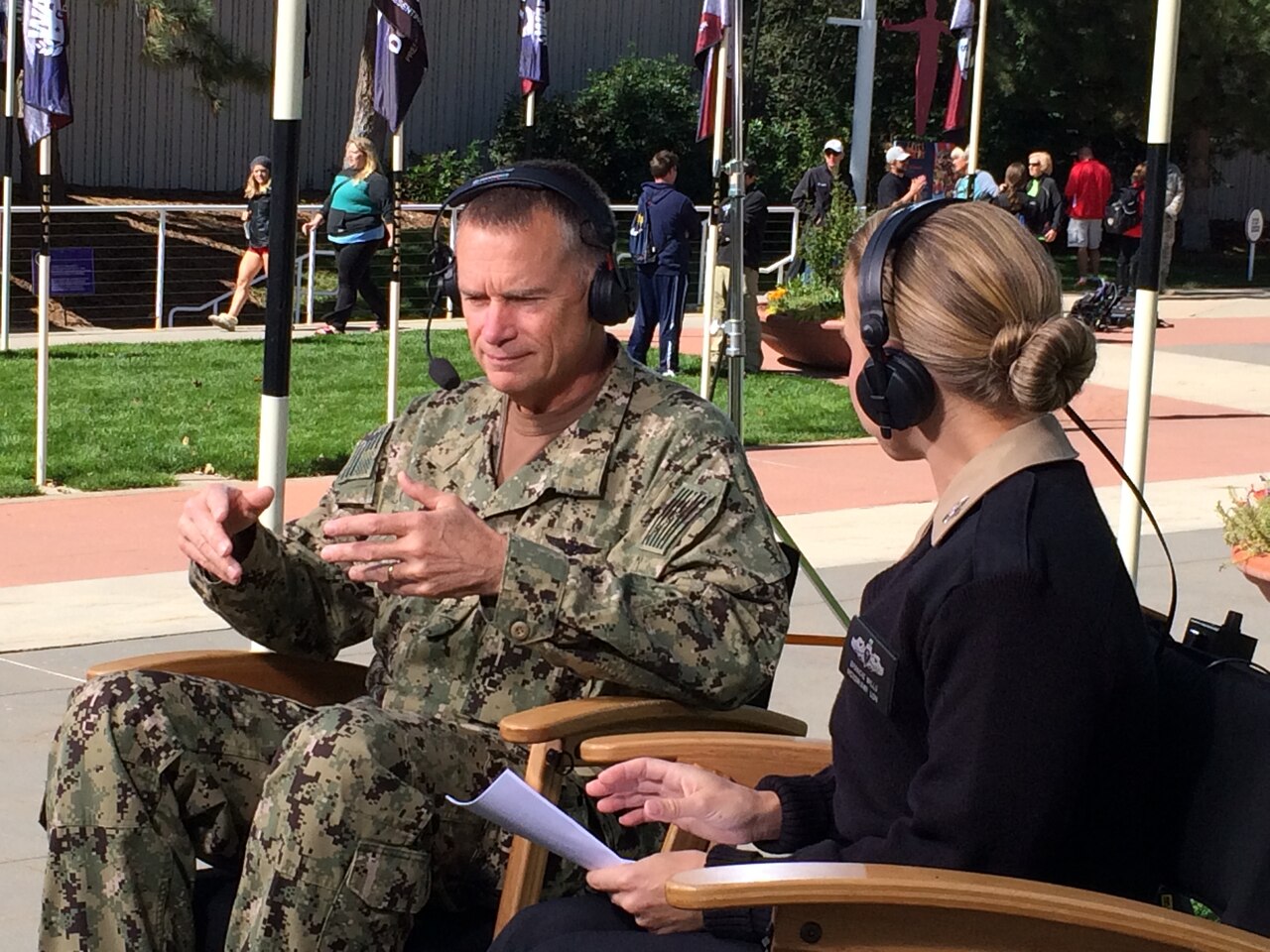 Navy Adm. James A. Winnefeld Jr., left, talks about how the Warrior Games help wounded warriors overcome adversity during DoD News’ Adaptive Warrior live broadcast with Navy Mass Communications Specialist 1st Class Brandie Wills at the 2014 Warrior Games in Colorado Springs, Colo., Oct. 3, 2014. DoD photo by Army Sgt. 1st Class Tyrone C. Marshall Jr.