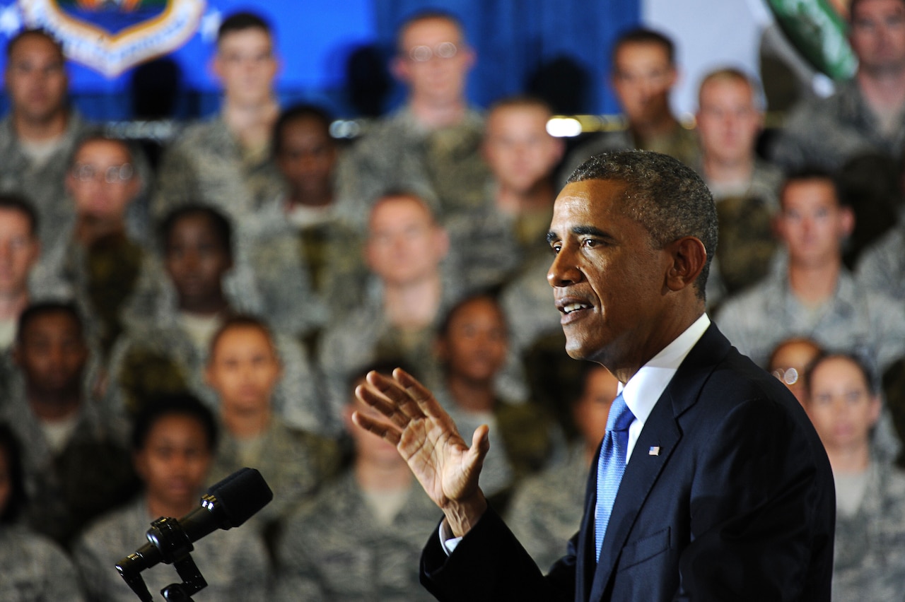 President Barack Obama speaks to service members about the U.S. counterterrorism campaign against terrorists from the Islamic State of Iraq and the Levant during his visit to MacDill Air Force Base, Sept. 17, 2014. U.S. Air Force photo by Staff Sgt. Liliana Moreno