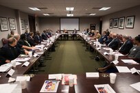 Marine Corps Sgt. Maj. Bryan Battaglia, senior enlisted advisor to the chairman of the Joint Chiefs of Staff, and David Connell, Cobb Chamber president and CEO, sit at the head of a veterans service organization roundtable discussion at the Cobb County Chamber of Commerce building in Atlanta, Sept. 30, 2014. The group is comprised of more than 30 veterans organization representatives, community leaders and government officials, and gathered to discuss issues effecting veterans. 