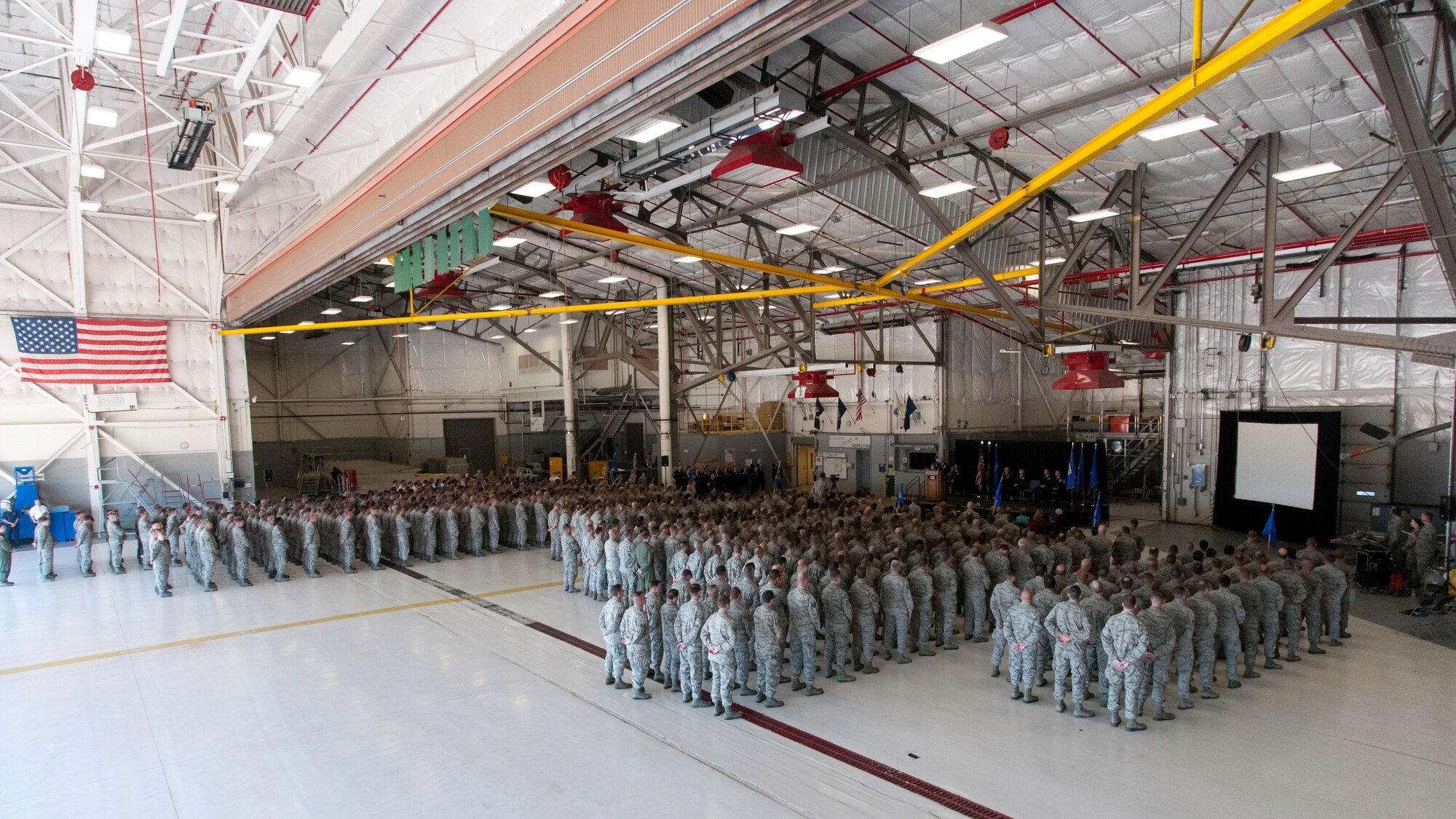 Airmen with the 157th Air Refueling Wing attend a change command ceremony where Col. Shawn "Rob" Burrus assumes command of the wing, succeeding Col. Paul Hutchinson, Pease Air National Guard Base, N.H., Oct. 5, 2014.  (Air National Guard photo by Staff Sgt. Curtis J. Lenz/RELEASED)