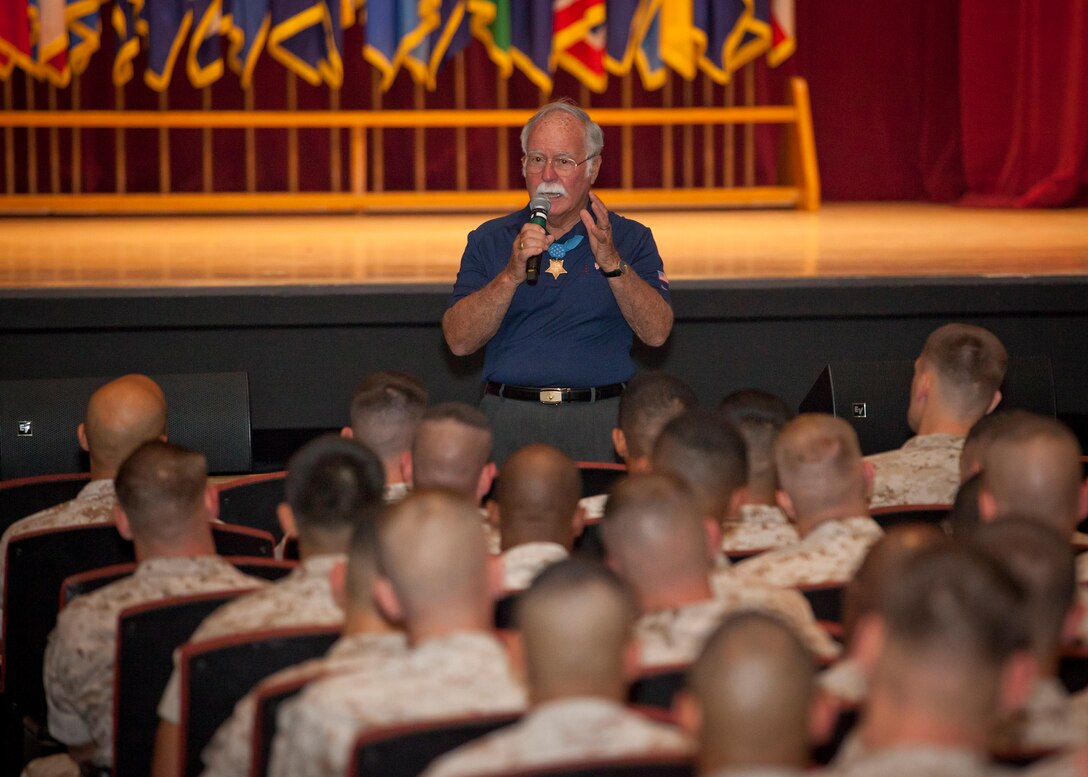 Medal of Honor recipient, retired Col. H.C. "Barney" Barnum, Jr., speaks with Marines on Marine Corps Recruit Depot San Diego, Ca., Sept. 30, 2014. (U.S. Marine Corps photo by Cpl. Tia Dufour/Released)