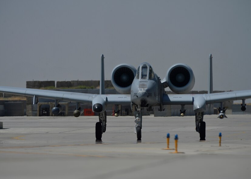 U.S. Air Force Maj. Vincent Sherer, 455th Air Expeditionary Wing pilot, taxis an A-10 Thunderbolt II aircraft at Bagram Airfield, Afghanistan Aug. 5, 2014.  The A-10 is a specialized ground-attack aircraft which provides close air support to ground forces operating in Afghanistan.  Sherer is deployed from Davis-Monthan Air Force Base, Ariz. and a native of Portland, Ore. (U.S. Air Force photo by Staff Sgt. Evelyn Chavez/Released)