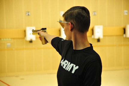 Army athlete Erin Stewart competes in the pistol shooting competition during the 2014 Warrior Games in Colorado Springs, Colo. Oct. 3, 2014. The Warrior Games consists of  200 wounded, ill and injured service members athletes from throughout the Department Of Defense, who compete in paralympic style events for their respective military branch. 