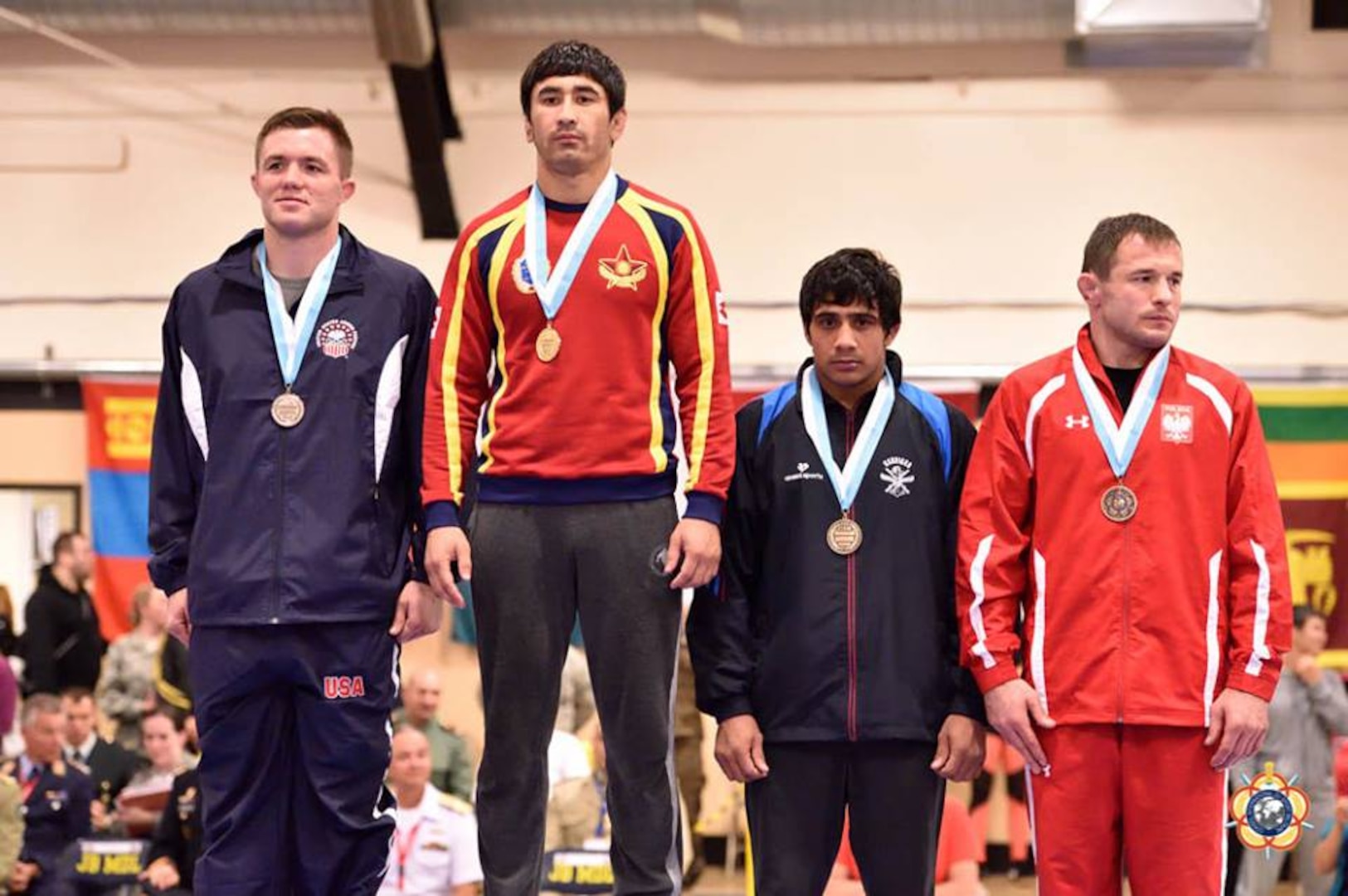 Army Sgt. Moza Fay (left) wins silver in the 74kg Freestyle competition at the 29th CISM World Military Wrestling Championship at Joint Base McGuire-Dix-Lakehurst, New Jersey 1-8 October 2014

Gold –Galymzhan Userbayev (Kazakhstan)
Silver - Moza Fay (USA)
Bronze – Vipin (India)
Bronze –Krystian Brzozowski (Poland)