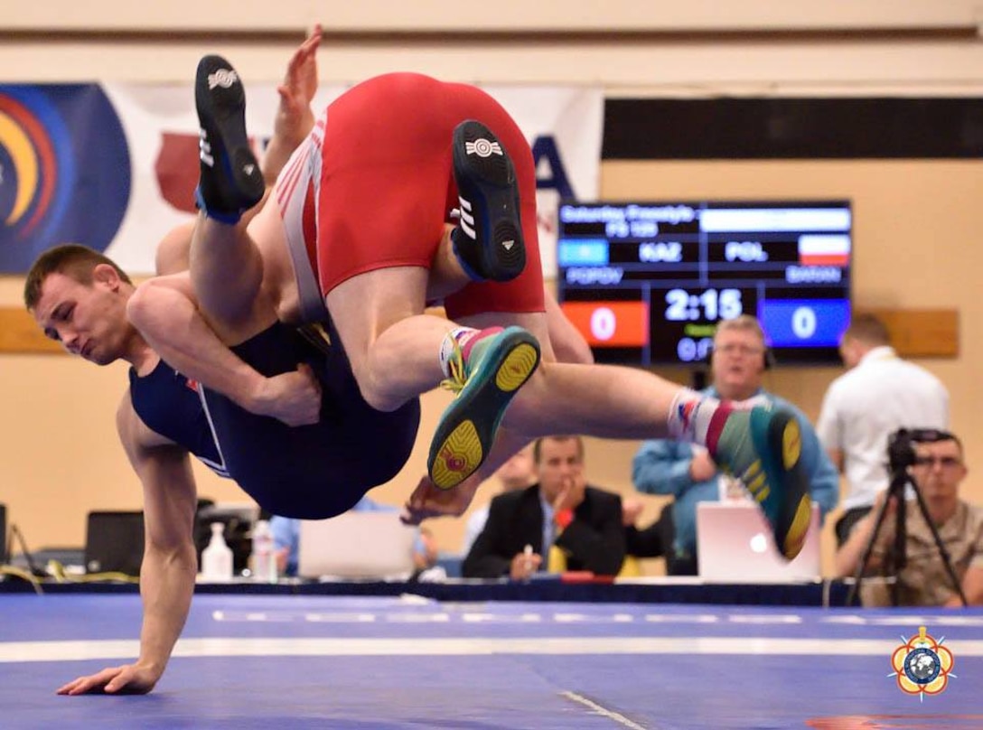 Big takedown during the 125kg Freestyle competition at the 29th CISM World Military Wrestling Championship at Joint Base McGuire-Dix-Lakehurst, New Jersey 1-8 October 2014