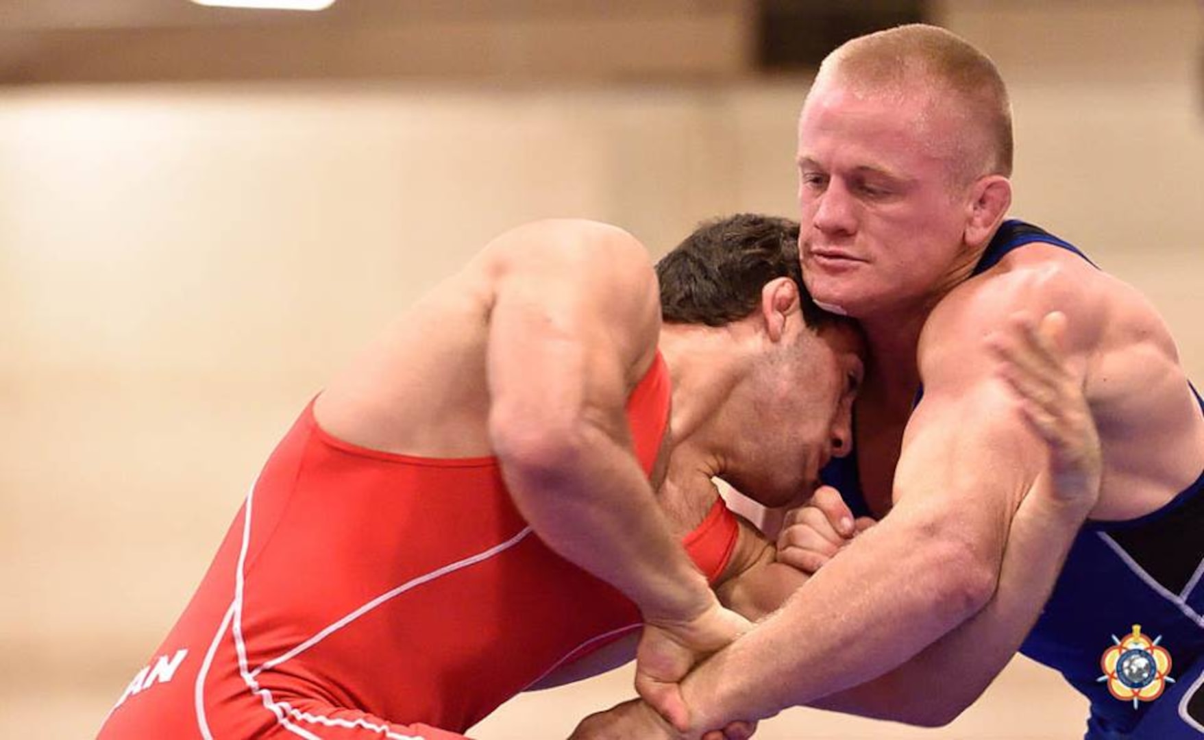 Army Capt. Jon Anderson takes silver during the 75 kg Greco-Roman competition at the 29th CISM World Military Wrestling Championship at Joint Base McGuire-Dix-Lakehurst, NJ 1-8 October 2014.