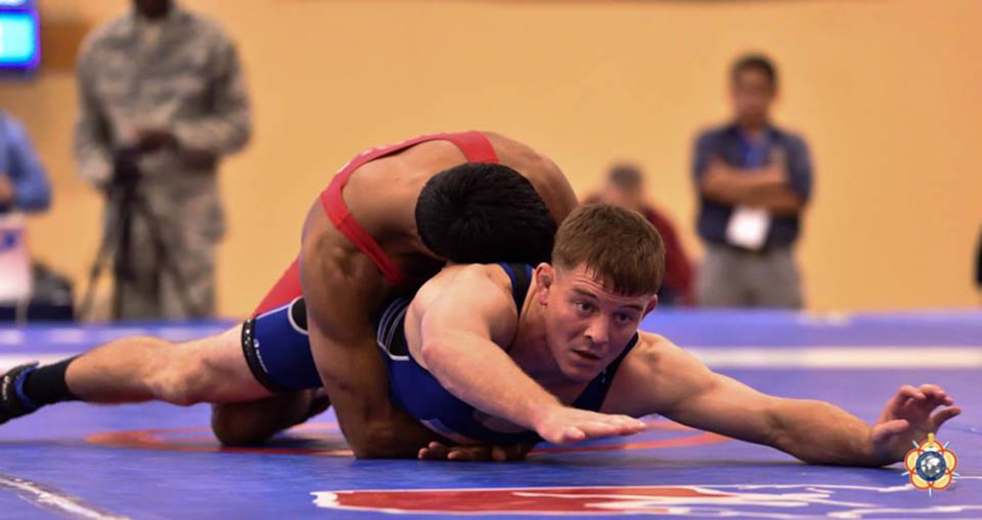 Marine Corps 1st Lt. Bryce Saddoris (blue) during his silver medal performance in the 66kg Greco-Roman competition at the 29th CISM World Military Wrestling Championship at Joint Base McGuire-Dix-Lakehurst, NJ 1-8 October 2014.