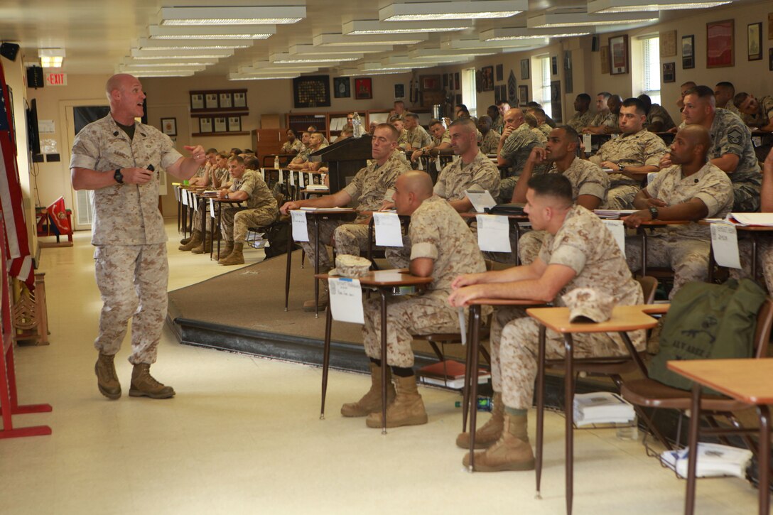 Sgt. Maj. Micheal P. Barrett, the 17th Sergeant Major of the Marine Corps, addresses students at the Staff Non-Commissioned Officer Academy at Camp Johnson, N.C., Sept. 22, 2014. (U.S. Marine Corps photo by Sgt. Marionne T. Mangrum)