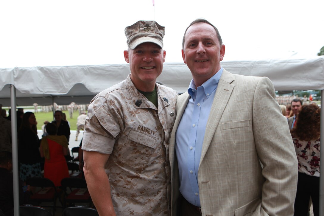 Sgt. Maj. Micheal P. Barrett, the 17th Sergeant Major of the Marine Corps, attends the II Marine Expeditionary Force Relief and Appointment Ceremony at which Sgt. Maj. Robert G. VanOostrom relinquished his post to Sgt. Maj. Bryan K. Zickefoose, at Camp  Lejeune, N.C., Sept. 23, 2014. (U.S. Marine Corps photo by Sgt. Marionne T. Mangrum)