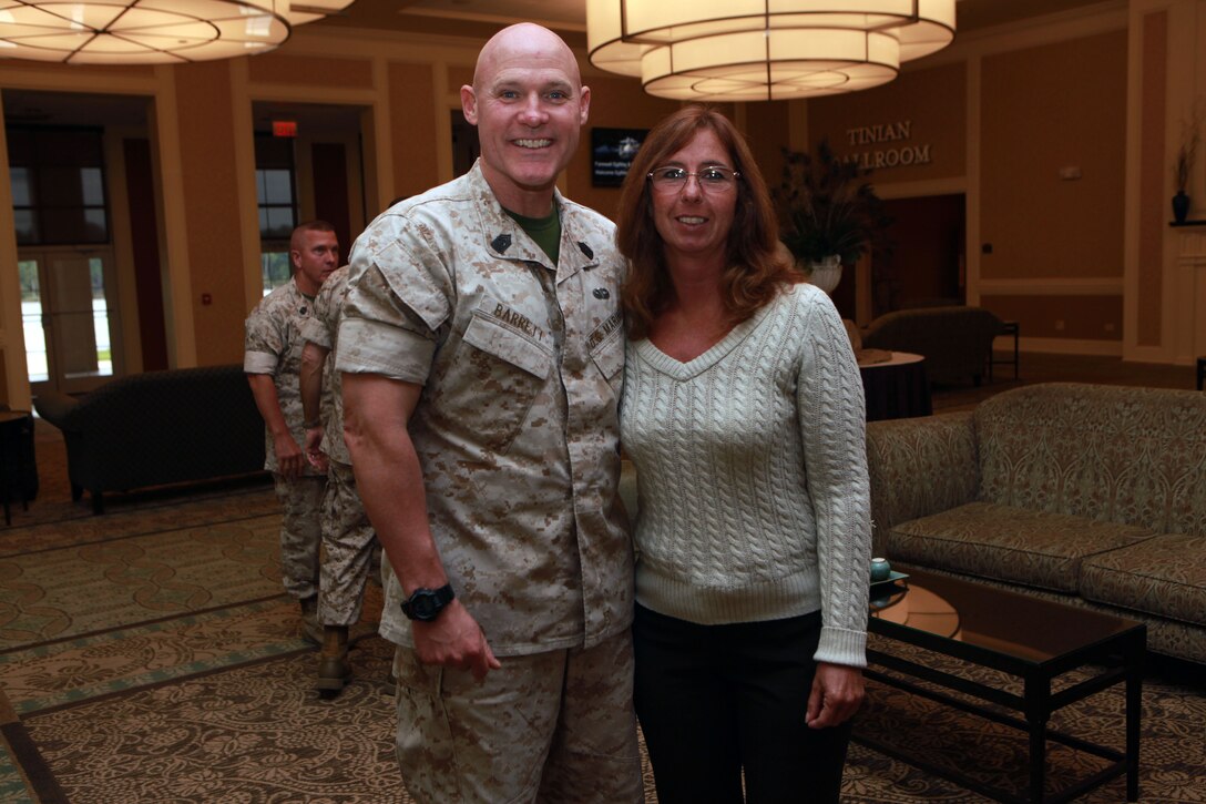 Sgt. Maj. Micheal P. Barrett, the 17th Sergeant Major of the Marine Corps, attends the II Marine Expeditionary Force Relief and Appointment Ceremony at which Sgt. Maj. Robert G. VanOostrom relinquished his post to Sgt. Maj. Bryan K. Zickefoose, at Camp  Lejeune, N.C., Sept. 23, 2014. (U.S. Marine Corps photo by Sgt. Marionne T. Mangrum)