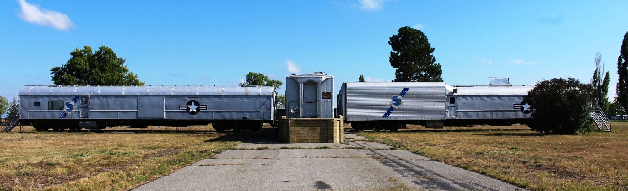 The Strategic Air Command B-52 Stratofortress and KC-135 Stratotanker simulator train and cars can be seen when driving on Bong Street at Fairchild Air Force Base, Washington, in 2013. (U.S. Air Force photo)