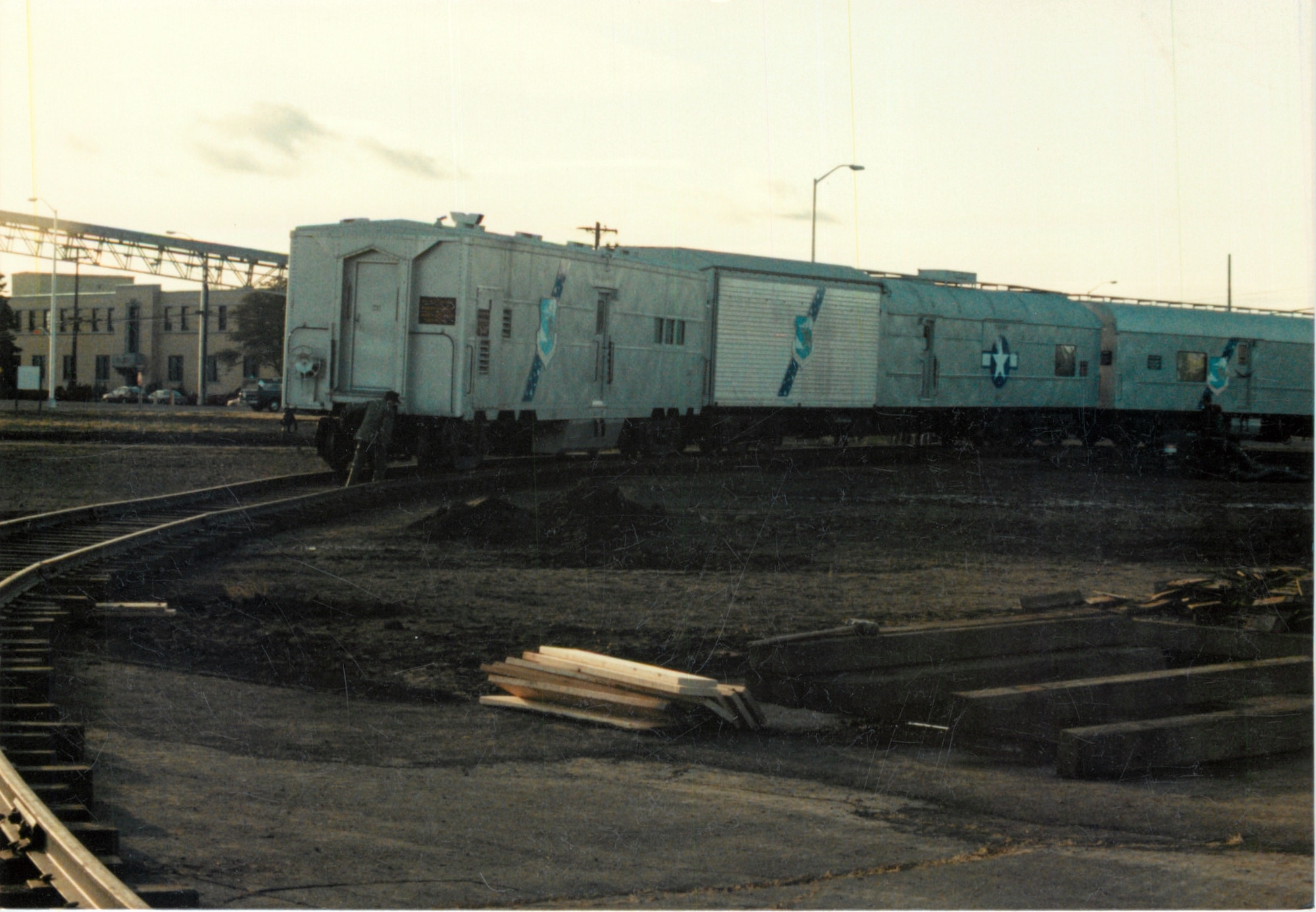 Operation Cannonball – Crossing Bong St., south of building 2245 and the current home of the 92d Comptroller Squadron, the Strategic Air Command B-52 Stratofortress and KC-135 Stratotanker simulator train and cars rest for a moment at Fairchild Air Force Base, Washington, in 1968. (U.S. Air Force photo)