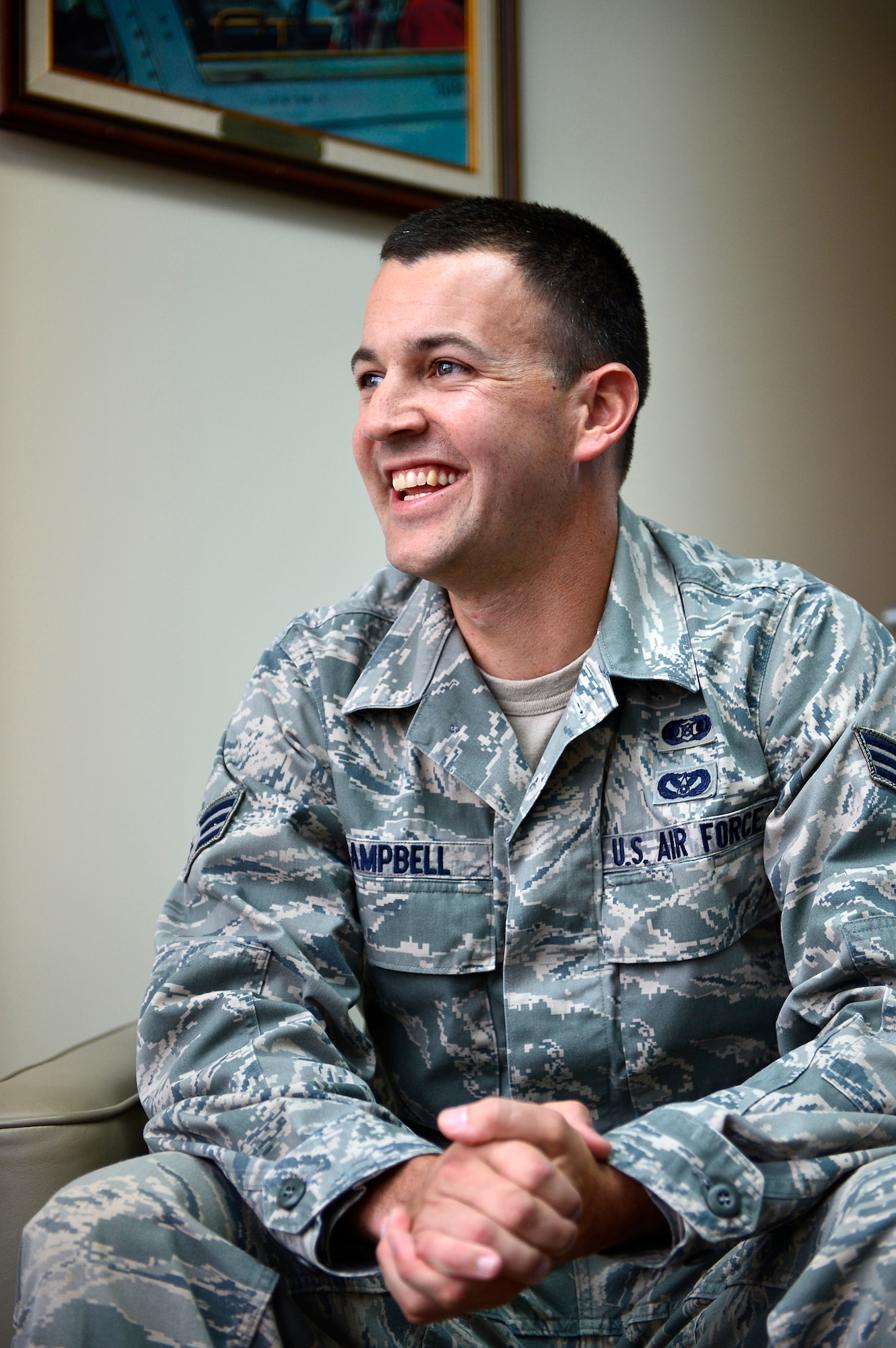 MCGHEE TYSON AIR NATIONAL GUARD BASE, Tenn.  - Senior Airman Ryan Campbell interviews with Chief Master Sgt. Thomas "TK" Stoudt, commandant of the Paul H. Lankford Enlisted PME Center here Oct. 6, 2014, at the I.G. Brown Training and Education Center. Campbell was among four Airman Leadership School students competing for the Leadership Award. (U.S. Air National Guard photo by Master Sgt. Mike R. Smith/Released)