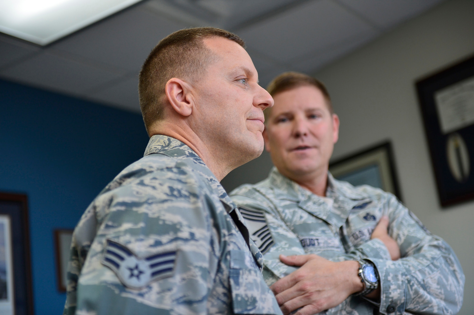 MCGHEE TYSON AIR NATIONAL GUARD BASE, Tenn.  - Senior Airman Forrest Leach looks out the window in the office of Chief Master Sgt. Thomas "TK" Stoudt, commandant of the Paul H. Lankford Enlisted PME Center here Oct. 6, 2014, at the I.G. Brown Training and Education Center. Leach was among four Airman Leadership School nominees competing for the Leadership Award. (U.S. Air National Guard photo by Master Sgt. Mike R. Smith/Released)