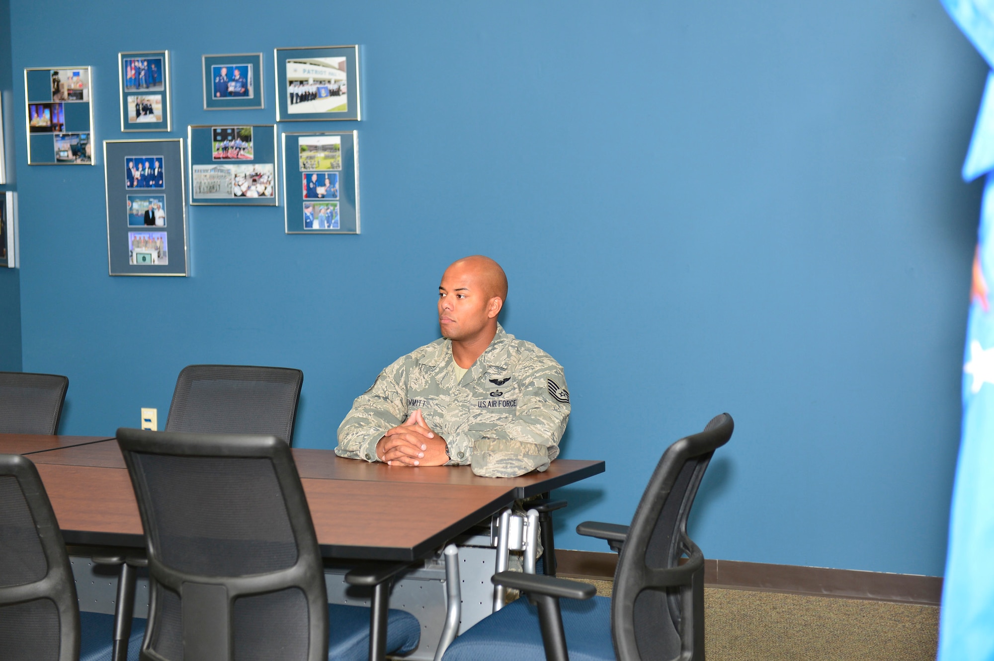 MCGHEE TYSON AIR NATIONAL GUARD BASE, Tenn.  - Tech. Sgt. Terry Hemmitt waits outside the Commandant's Office here Oct. 6, 2014, at the I.G. Brown Training and Education Center. Hemmitt was attending NCO Academy and interviewed for the Commandant's Award. (U.S. Air National Guard photo by Master Sgt. Jerry Harlan/Released)