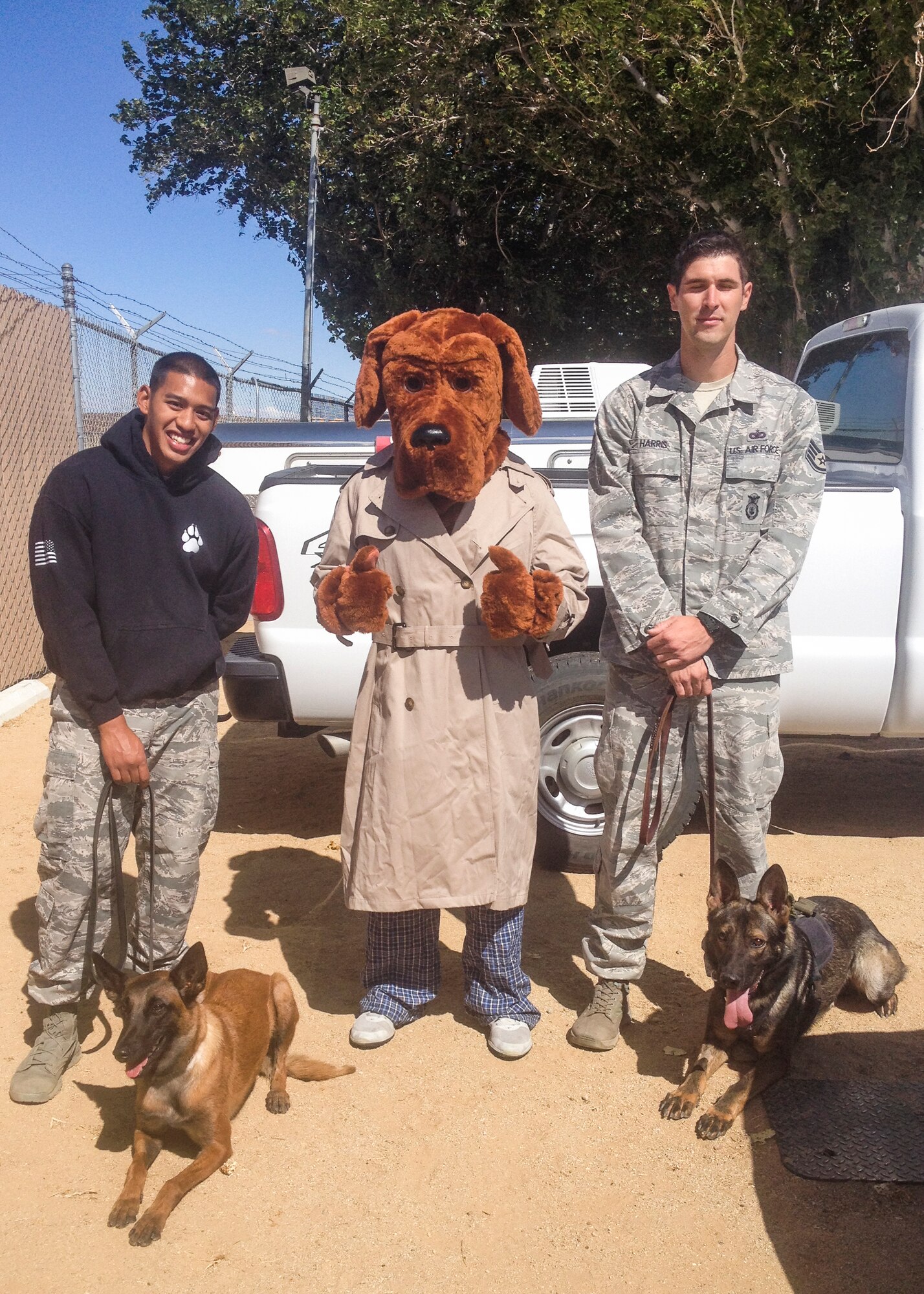 412th Security Forces Squadron working dog handlers Senior Airman Adrian Mac and Staff Sgt. Jesse Harris pose with GGreta, Xero and McGruff the Crime Dog after their demonstration for local cub scouts. (Courtesy photo)  