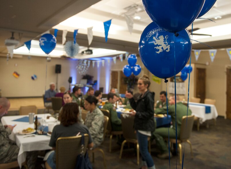 Oktoberfest balloons decorate the ballroom of the Moody Field Club Oct. 3, 2014, at Moody Air Force Base, Ga. The field club decorated the ballroom as part of an Oktoberfest event, with German food, beer and wine available for attendees. (U.S. Air Force photo by Senior Airman Jarrod Grammel/Released)

