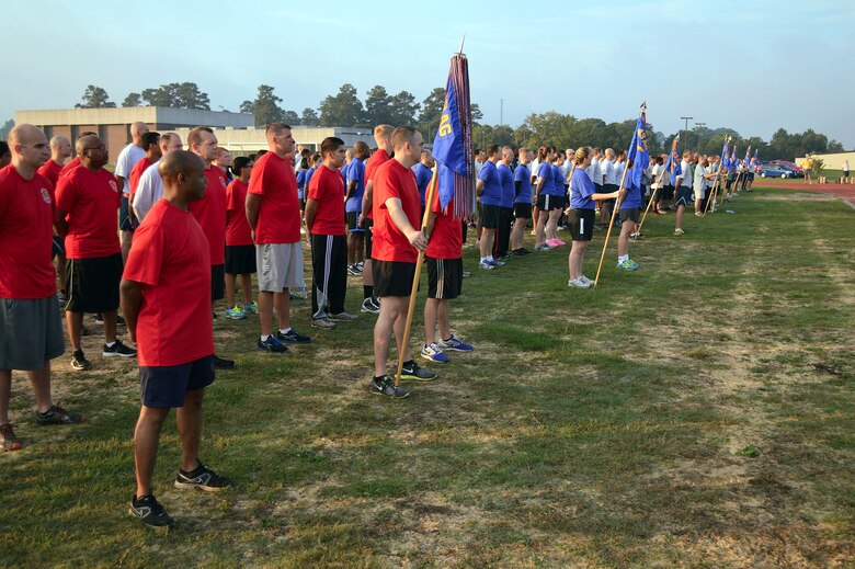 43rd Airlift Group Airmen participate in a Comprehensive Airman Fitness sports day sponsored by the Air Force Sergeants Association, Chapter 367, on Oct. 3 at Pope Army Airfield, N.C. Activities included track and field events, mushball, softball, walleyball, basketball, dodgeball, tug-o-war, cornhole and a 3-mile ruck march. Squadron teams competed for trophies and the Group’s spirit flag. The 43rd Logistics Readiness Squadron and 43rd Force Support Squadron combined efforts to win 1st place overall and the Group’s spirit flag. (U.S. Air Force photo/Marvin Krause)