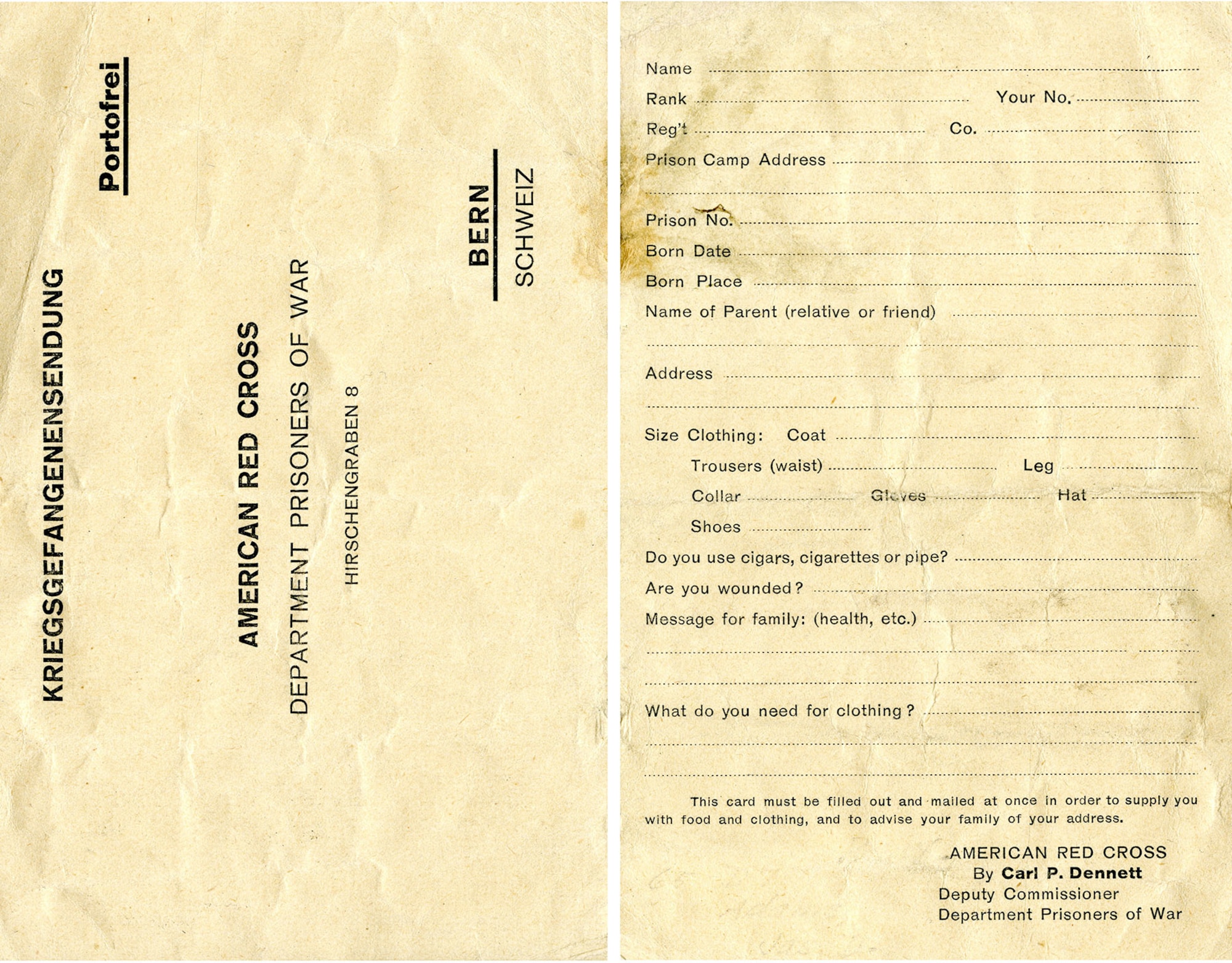 This card was handed out to American POWs in Germany by the Red Cross. This simple questionnaire enabled the Red Cross to promptly inform families that their loved one had been captured and establish the material needs of the individual prisoner. (U.S. Air Force photo)