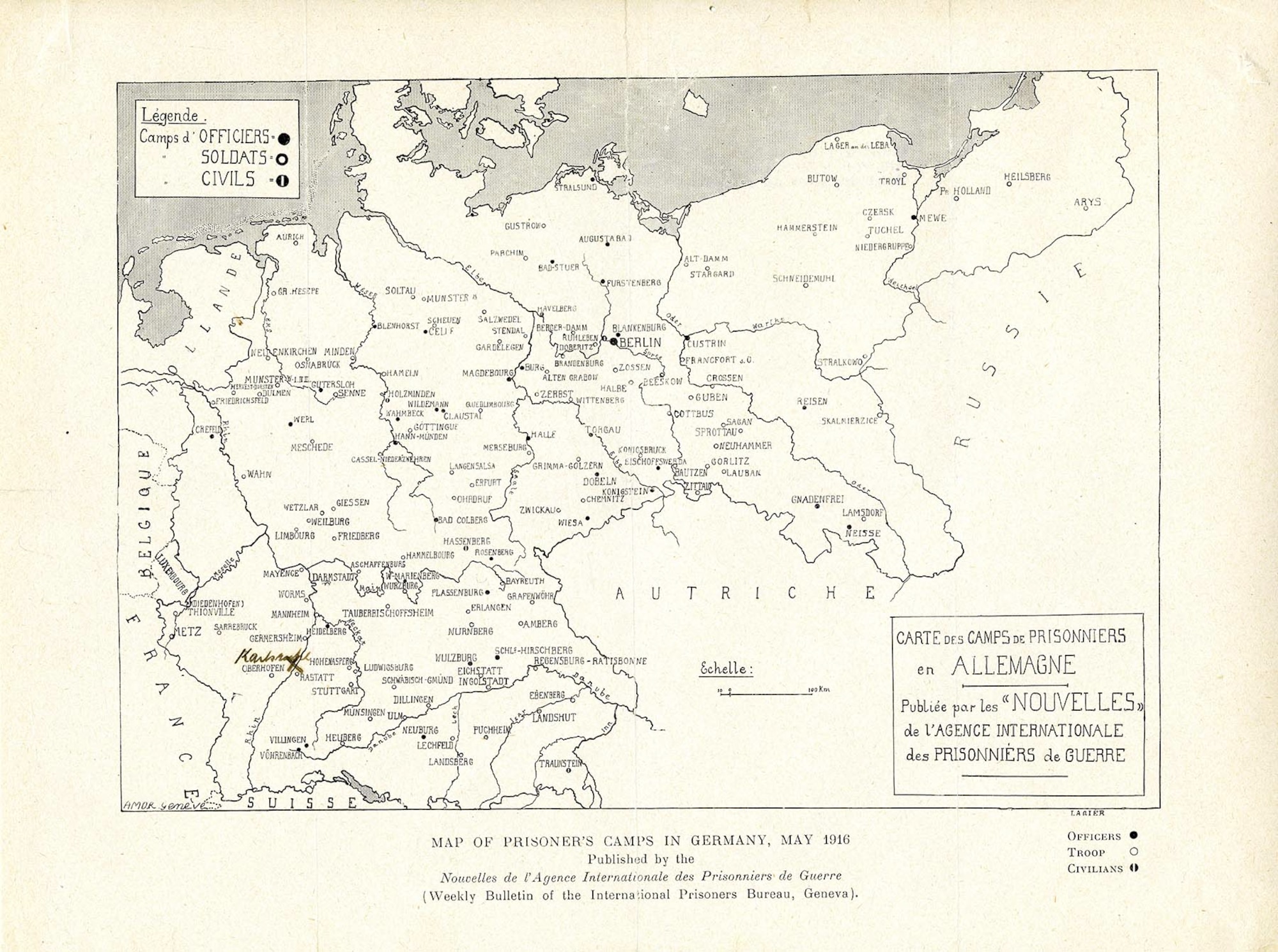 This map was provided to families by the Red Cross. It shows the location of all German POW camps, circa May 1916. The location of the Karlsruhe intelligence station was hand noted on the map for the family of Lt. James D. Adams. (U.S. Air Force photo)