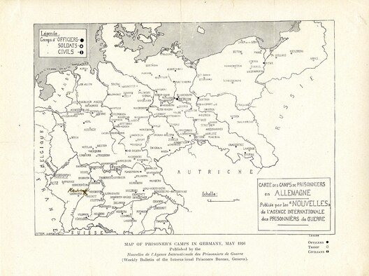This map was provided to families by the Red Cross. It shows the location of all German POW camps, circa May 1916. The location of the Karlsruhe intelligence station was hand noted on the map for the family of Lt. James D. Adams. (U.S. Air Force photo)