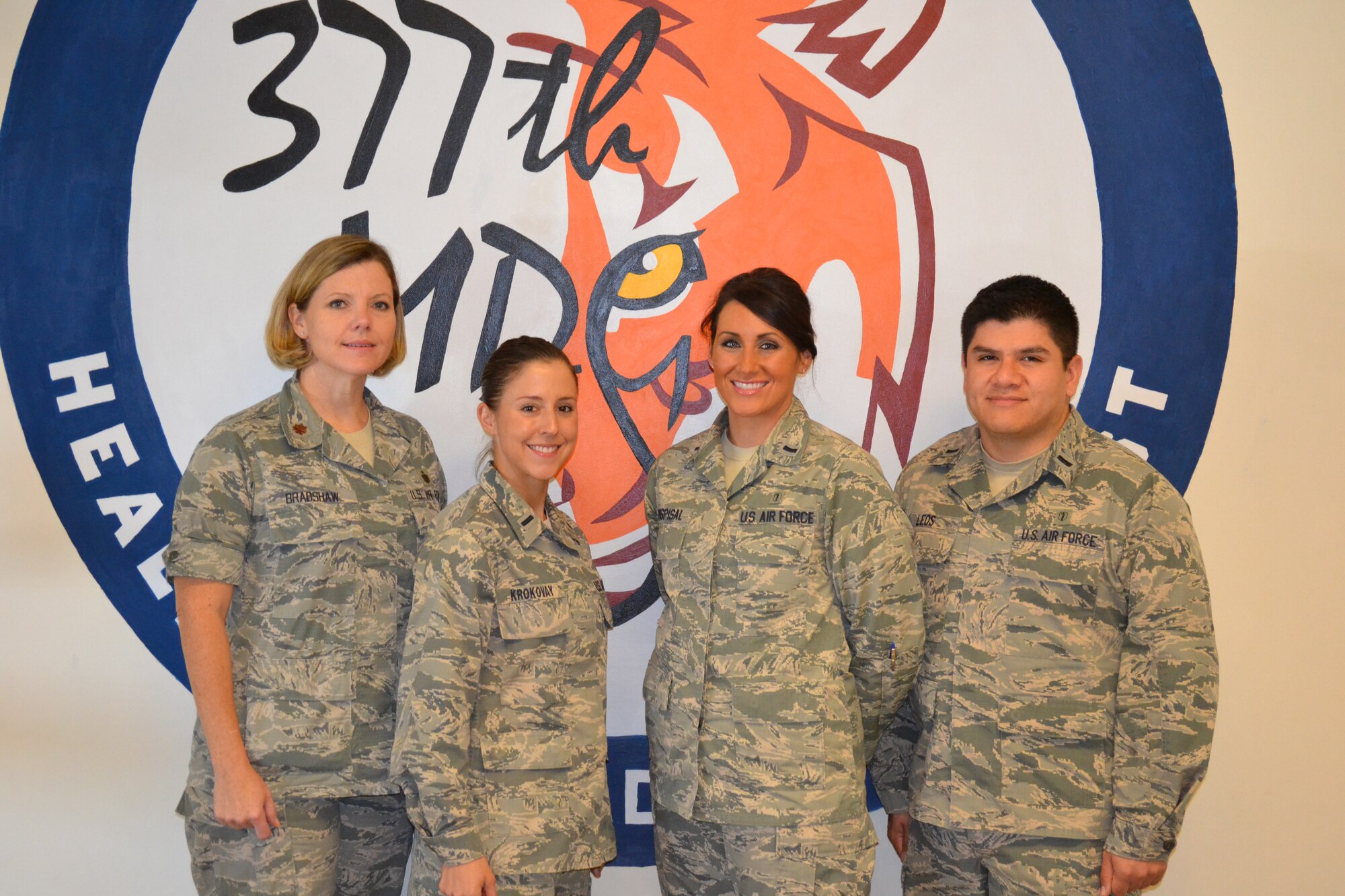 377th Medical Group's physician assistants team: Maj. Allison Bradshaw, 1st Lt. Zsuzsanna Krokovay, 1st Lt. Jacqueline Pospisal, and 1st Lt. Sammy Leos. (Courtesy Photo)