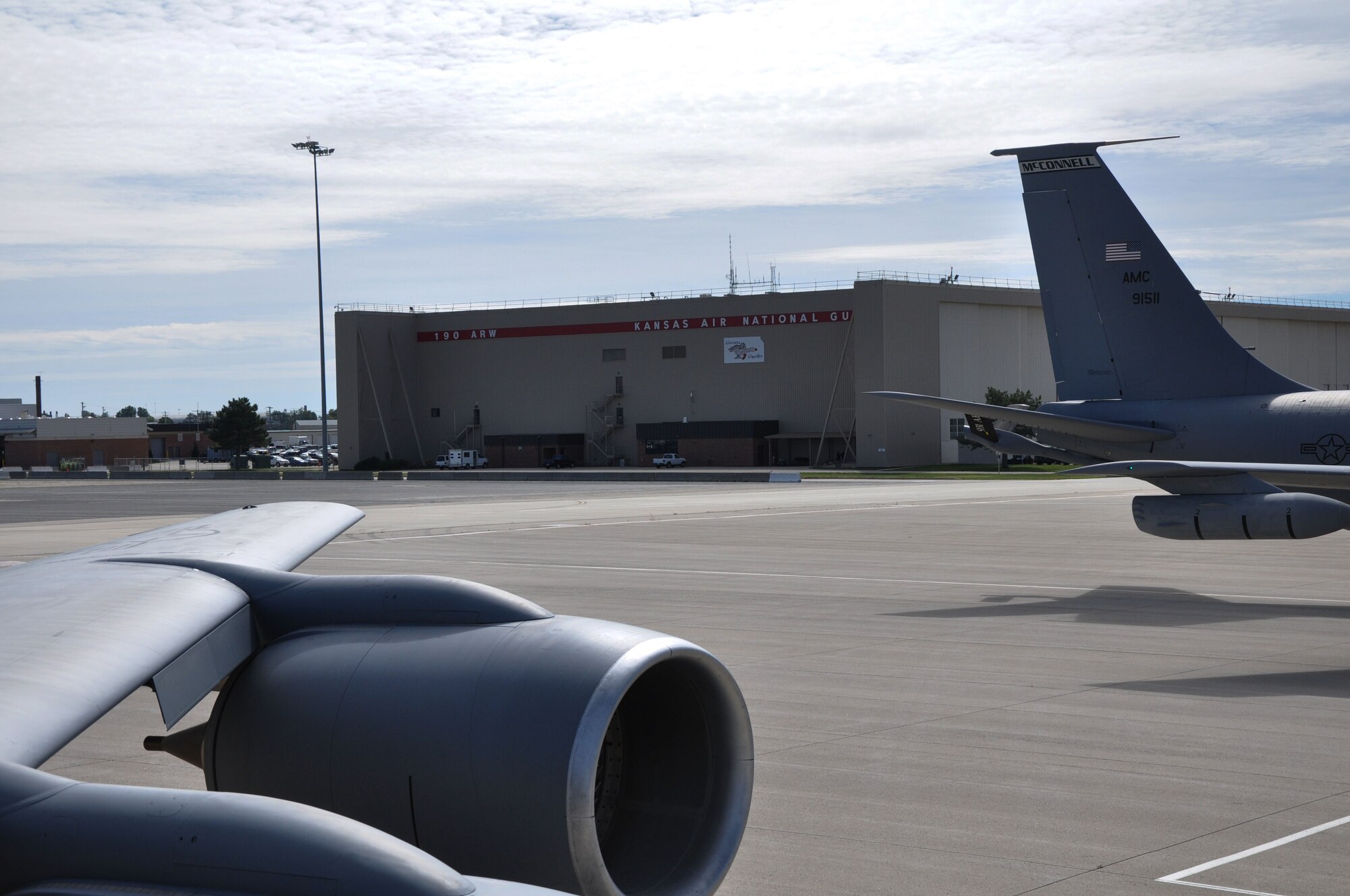 Two KC-135 Stratotankers assigned to McConnell Air Force landed at Forbes Field, Kan. after a formation flight Oct. 4, 2014.  After members of the 931st Aircraft Maintenance Squadron and 931st Operations Supports Squadron successfully launched nine KC-135s in thirty-second intervals during the October Unit Training Assembly, two aircraft landed at Forbes Field, Kan., and returned deployers to McConnell.  (U.S. Air Force photo by Staff Sgt. Abigail Klein)
