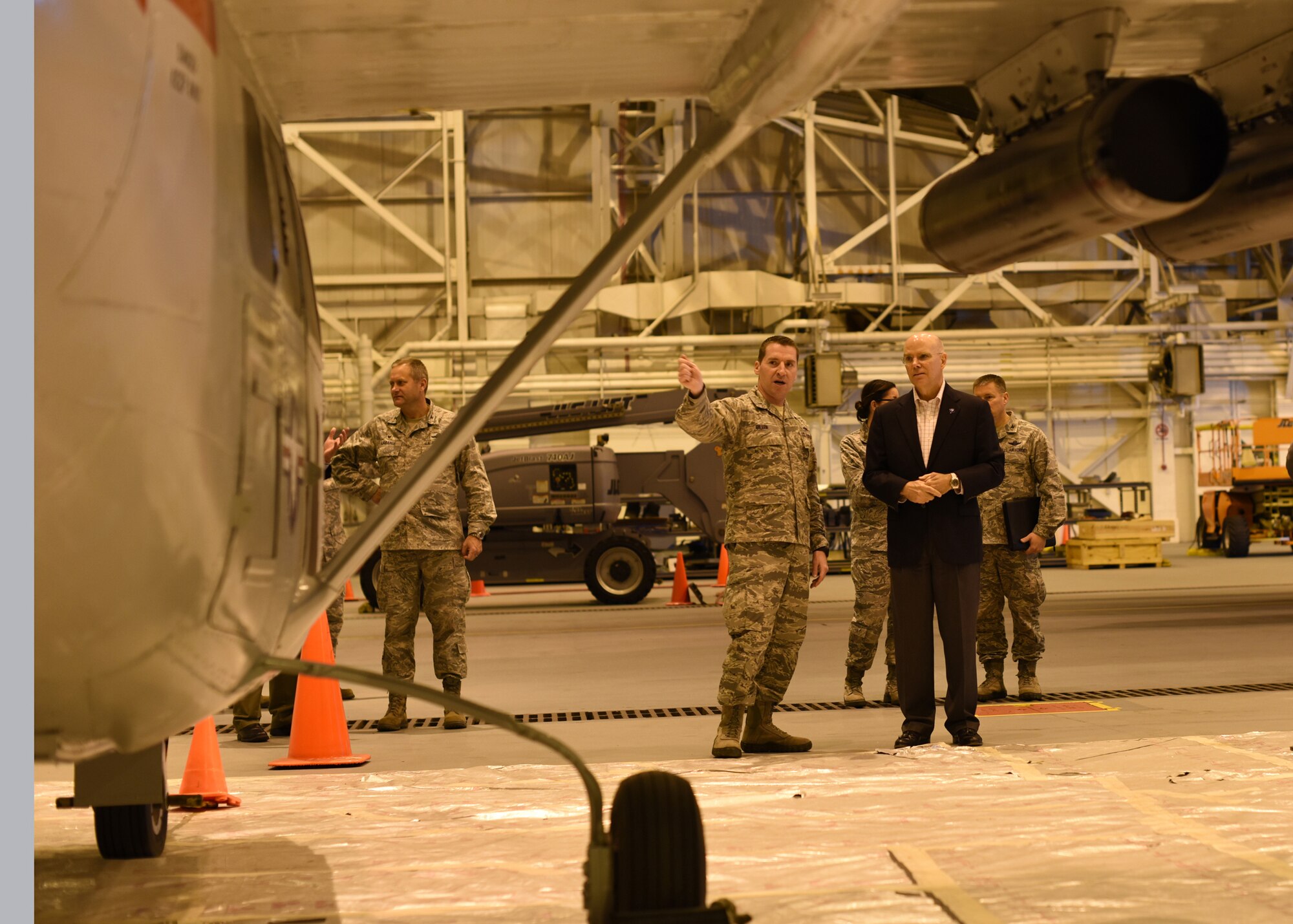 U.S. Air Force 1st Lt. Patrick Gillen a maintenance officer with the 105th Airlift Wing, New York Air National Guard, shows Mr. James Brooks, Executive Director of the Air National Guard, the units historic display aircraft, an O-2A Cessna ‘Skymaster’, during a visit to Stewart Air National Guard Base, N.Y. October 5, 2014. Mr. Brooks was an O-2A pilot during his career with the United States Air Force.  (U.S. Air National Guard photo by Tech. Sgt. Lee Guagenti/Released)