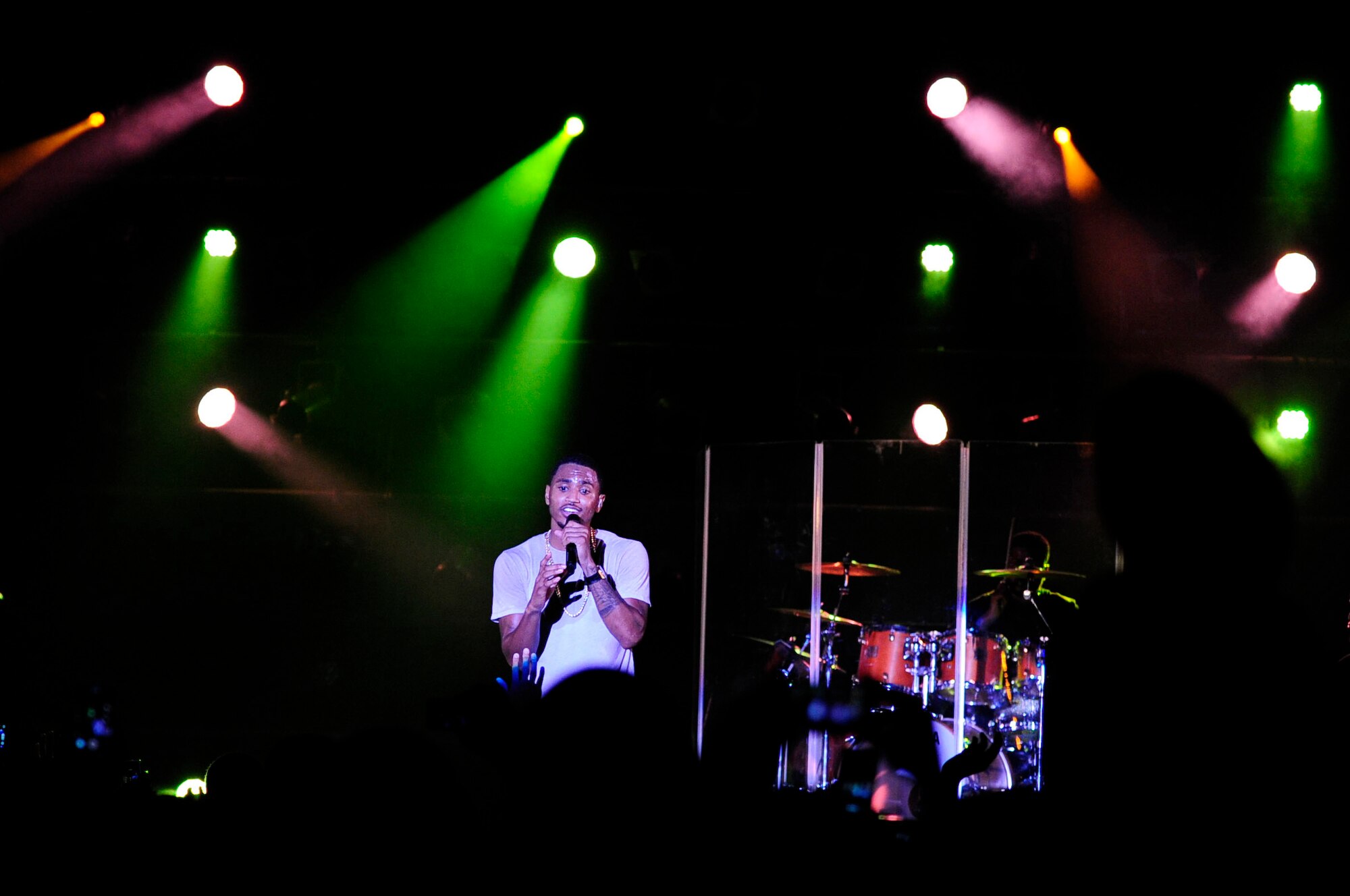 Trey Songz performs a variety of songs during his concert on Kadena Air Base, Japan, Oct. 4, 2014. Trey Songz performed in front of service men and women stationed in Okinawa to say thanks to them and their families. (U.S. Air Force Photo by Tech. Sgt. Darnell T. Cannady/Released) 