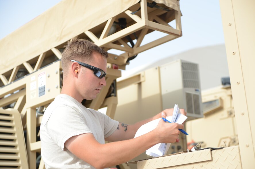 U.S. Air Force Staff Sgt. Michael Middleton, a cargo processor assigned to the 455th Expeditionary Aerial Port Squadron Detachment 1, verifies paperwork of an armored vehicle during the inspection process of accepting vehicles for shipment Sept. 24 on the flight line of at Mazar-e Sharif, Afghanistan June 24, 2014. Middleton, a native of Bonney Lake, Wash., is deployed from the 732nd Air Mobility Squadron at Joint Base Elmendorf-Richardson, Alaska. (U.S. Air Force photo by Master Sgt. Cohen A. Young/Released)  