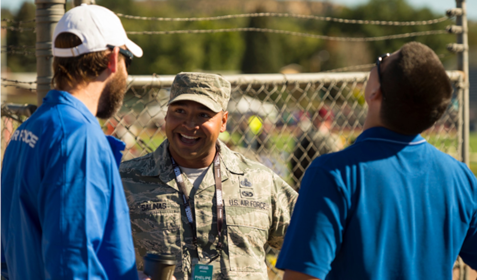 Master Sgt. Phelipe Salinas speaks to his athletes during the 2014 Warrior Games at the Garry Berry Stadium Oct. 2, 2014, in Colorado Springs, Colo. Salinas is the first sergeant for the Air Force team and has filled this position for the past two years. The Warrior Games consists of athletes from throughout the Defense Department, who compete in Paralympic-style events. The goal of the games is to help highlight the limitless potential of warriors through competitive sports. (U.S. Air Force photo/Master Sgt. Charles Larkin Sr.)