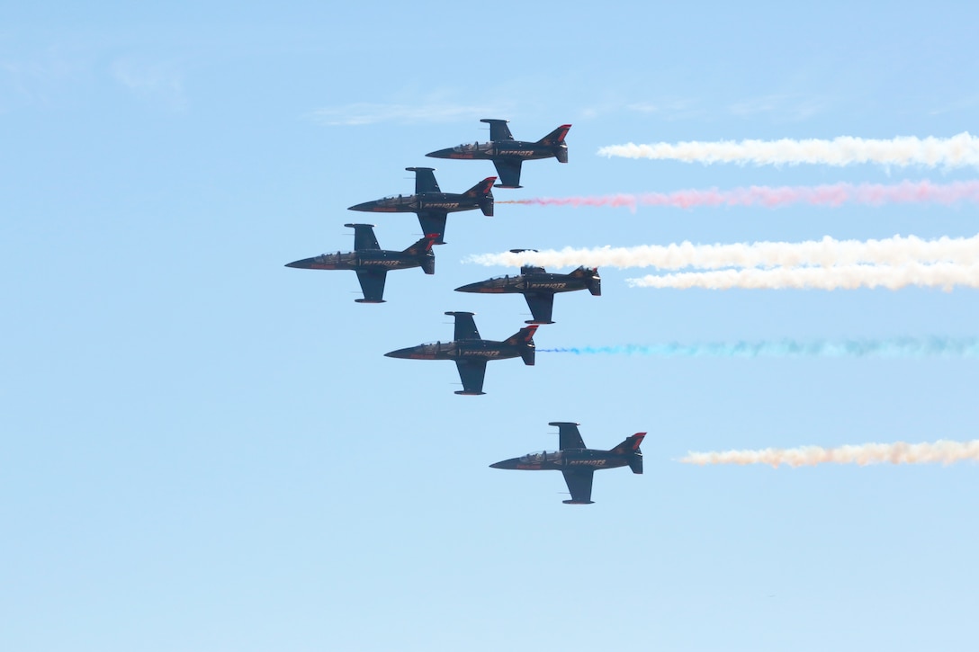 The Patriots Jet Team performs at the 2014 Miramar Air Show aboard Marine Corps Air Station Miramar, Calif., Oct. 4. The renowned civilian aerobatic formation team is made up of six L-39 Albatros. The pilots consist of former U.S. Air Force and U.S. Navy pilots. The show runs Oct. 3-5 and is open to the public.