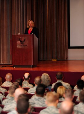 Secretary of the Air Force Deborah Lee James addresses an audience of more than 400 Airmen during an all call, Sept. 24, 2014, at Vandenberg Air Force Base, Calif. During the all call, James talked about her three priorities of taking care of people, balancing the readiness of today with tomorrow’s modernization, and making every dollar count. (U.S. Air Force photo/Tech. Sgt. Tyrona Lawson)