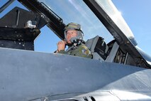 Ted Ligety, alpine ski racer and Olympic gold medalist, prepares for takeoff in an F-16 as part of his visit to the 419th Fighter Wing at Hill Air Force Base Oct. 6. (U.S. Air Force photo/Ronald Bradshaw)