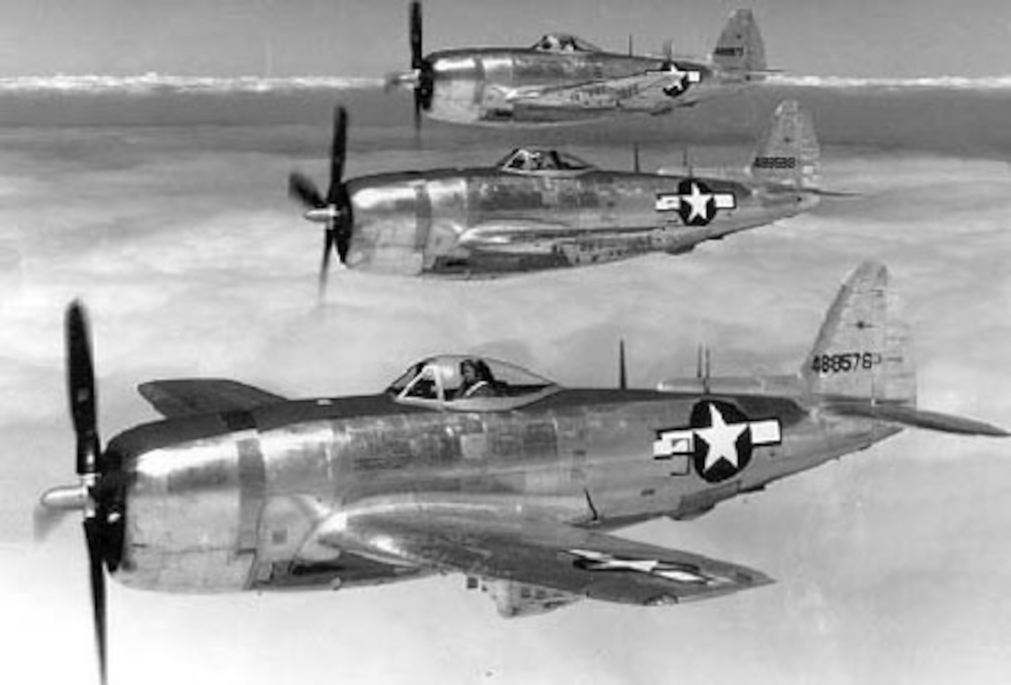Republic P-47N-5 three ship formation (S/N 44-88576, 88589, 88577). (U.S. Air Force photo)
