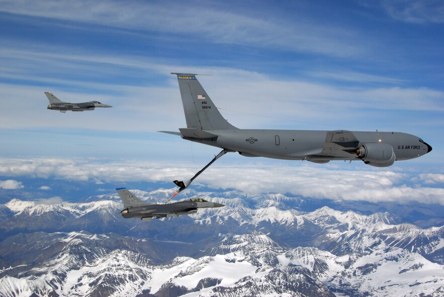 EIELSON AIR FORCE BASE, Alaska -- A KC-135R Stratotanker, 168th Air Refueling Wing, Alaska Air National Guard, flies in formation with two F-16 Fighting Falcons from the 18th Fighter Squadron, and two A-10 Warthog II's from the 355th Fighter Squadron on May 29, 2007.  The five aircraft assigned to Eielson flew in formation for the last time due to the deactivation of the 355th FS, and the 18th FS.  (U.S. Air Force photo by Master Sergeant Rob Wieland) (Released) 