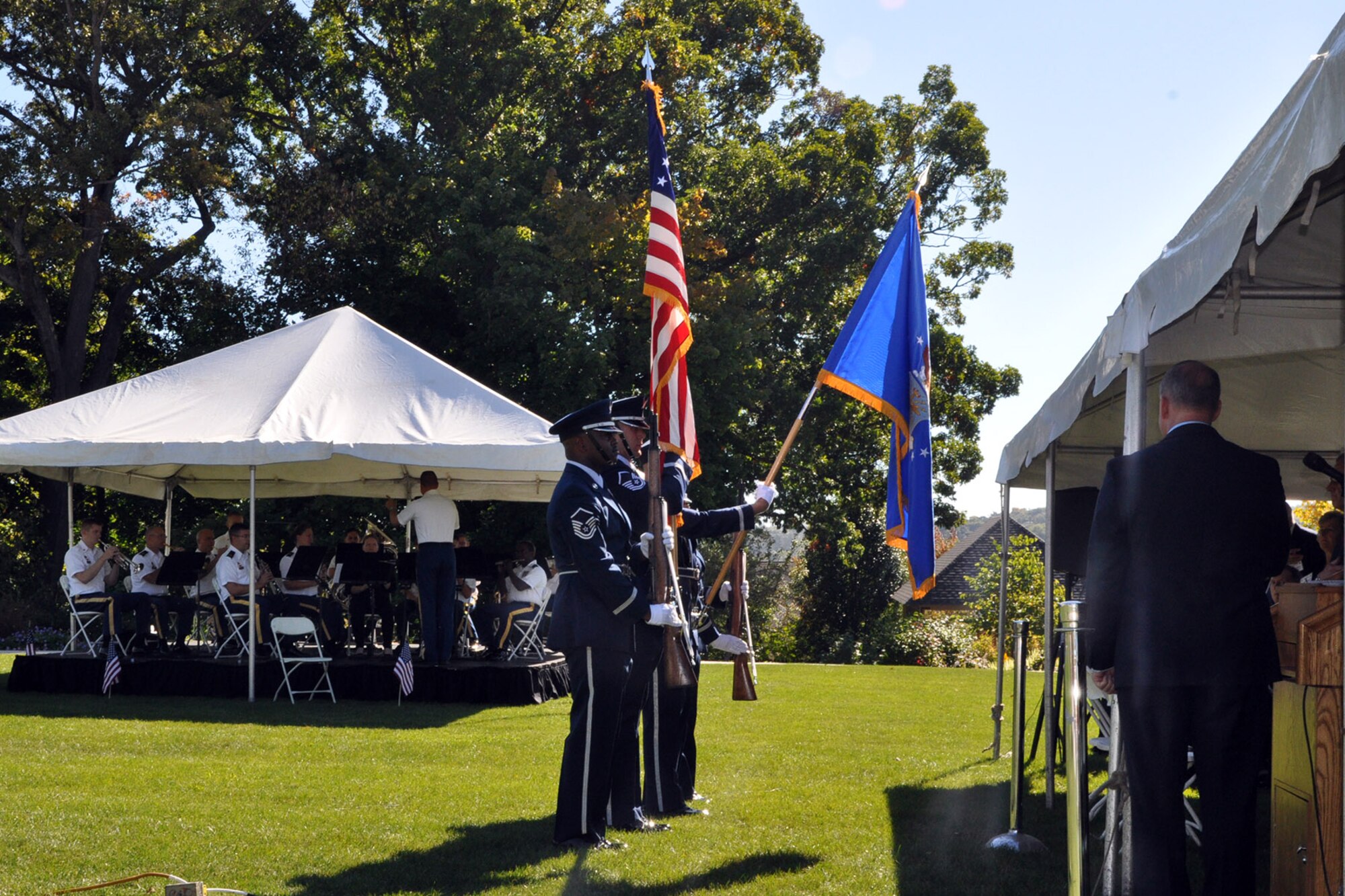 YOUNGSTOWN, Ohio – The Air Force Reserve’s 910th Airlift Wing Base Honor Guard, based at near Youngstown Air Reserve Station (YARS), Ohio, presents the colors during the ribbon cutting ceremony of a new, $1.3 million Veterans Resource Center on the campus of Youngstown State University (YSU) here, Sept. 26, 2014. The new center is designed to expand and enhance services for military veterans and active military making the transition to student life at YSU. Servicemembers assigned to YARS who are also students or alumni of YSU are encouraged to utilize the new facility. U.S. Air Force photo by Master Sgt. Bob Barko Jr.